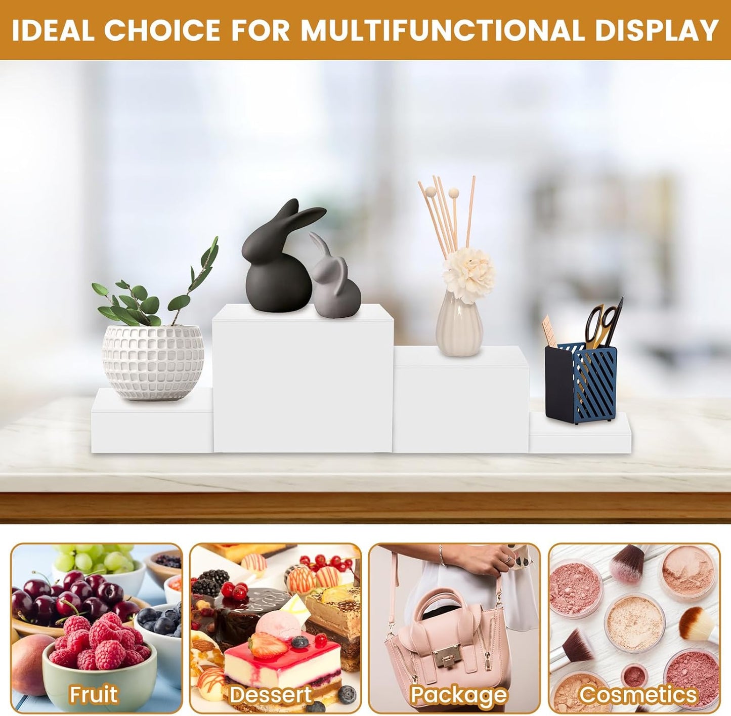 Acrylic Display Risers Square Buffet Stands Food Jewelry Showcase White DEMO