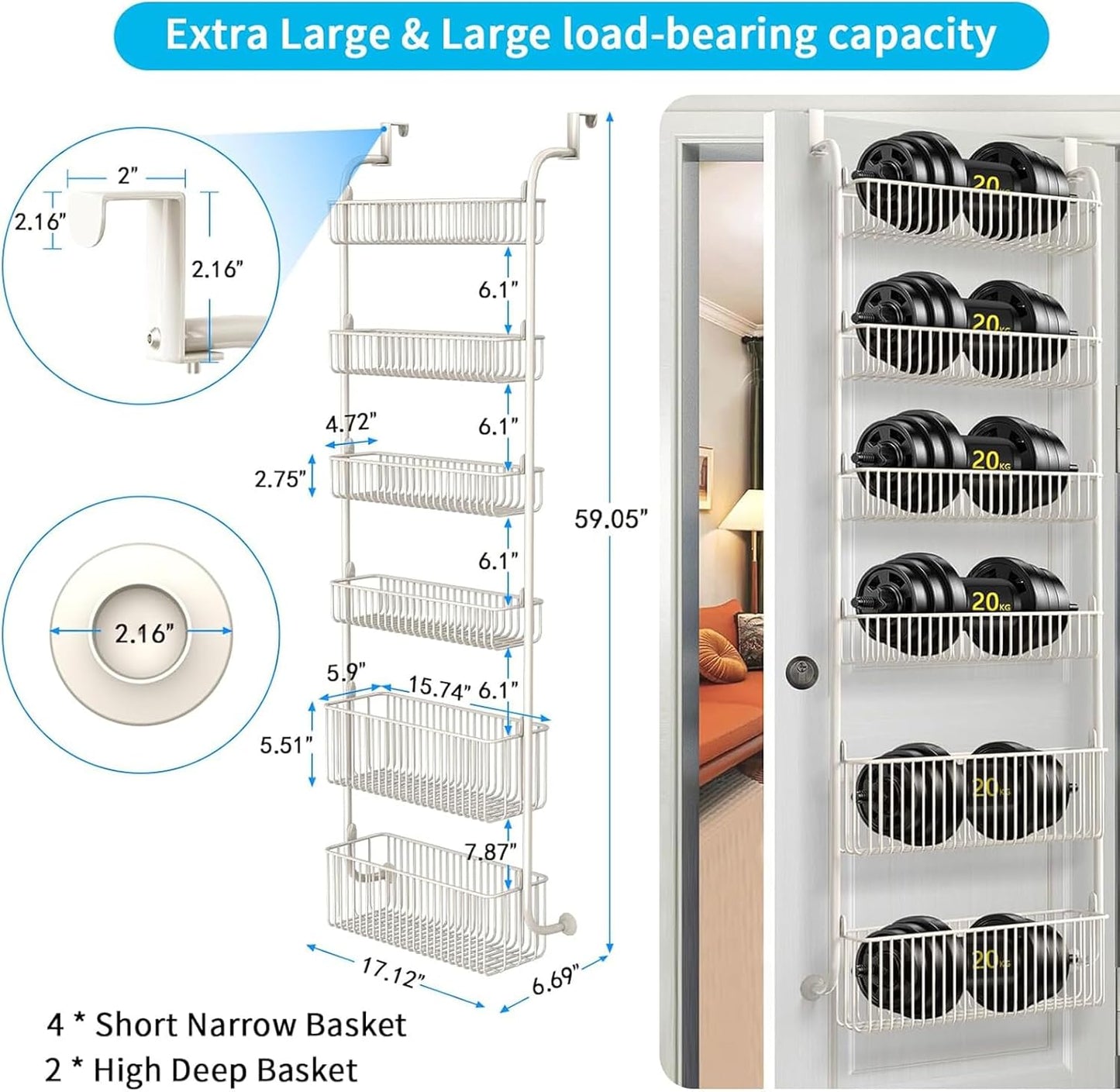 6-Tier Kitchen Storage Organizer Shelf Pantry Door Rack White Size 17 cm x NEW