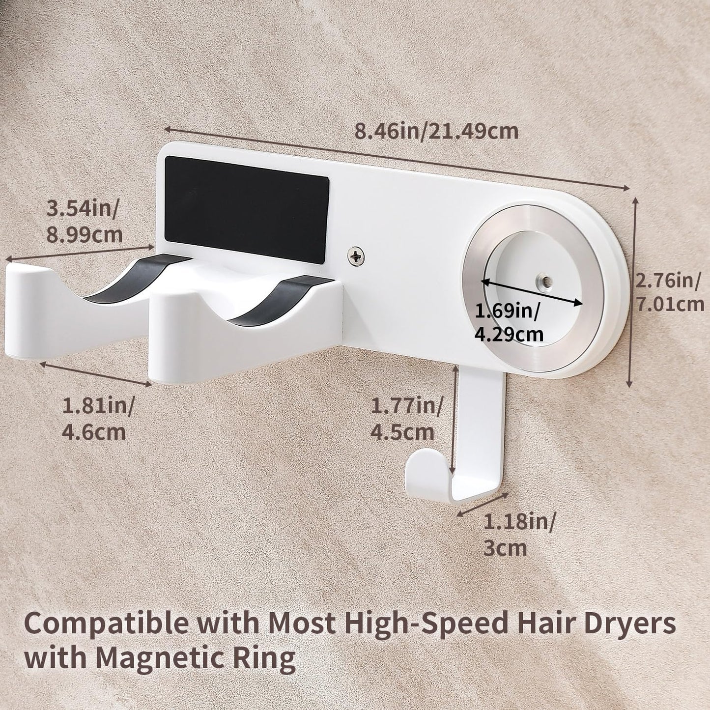 Wall Mounted Hair Dryer Holder Organizer, Self-Adhesive Storage, White NEW