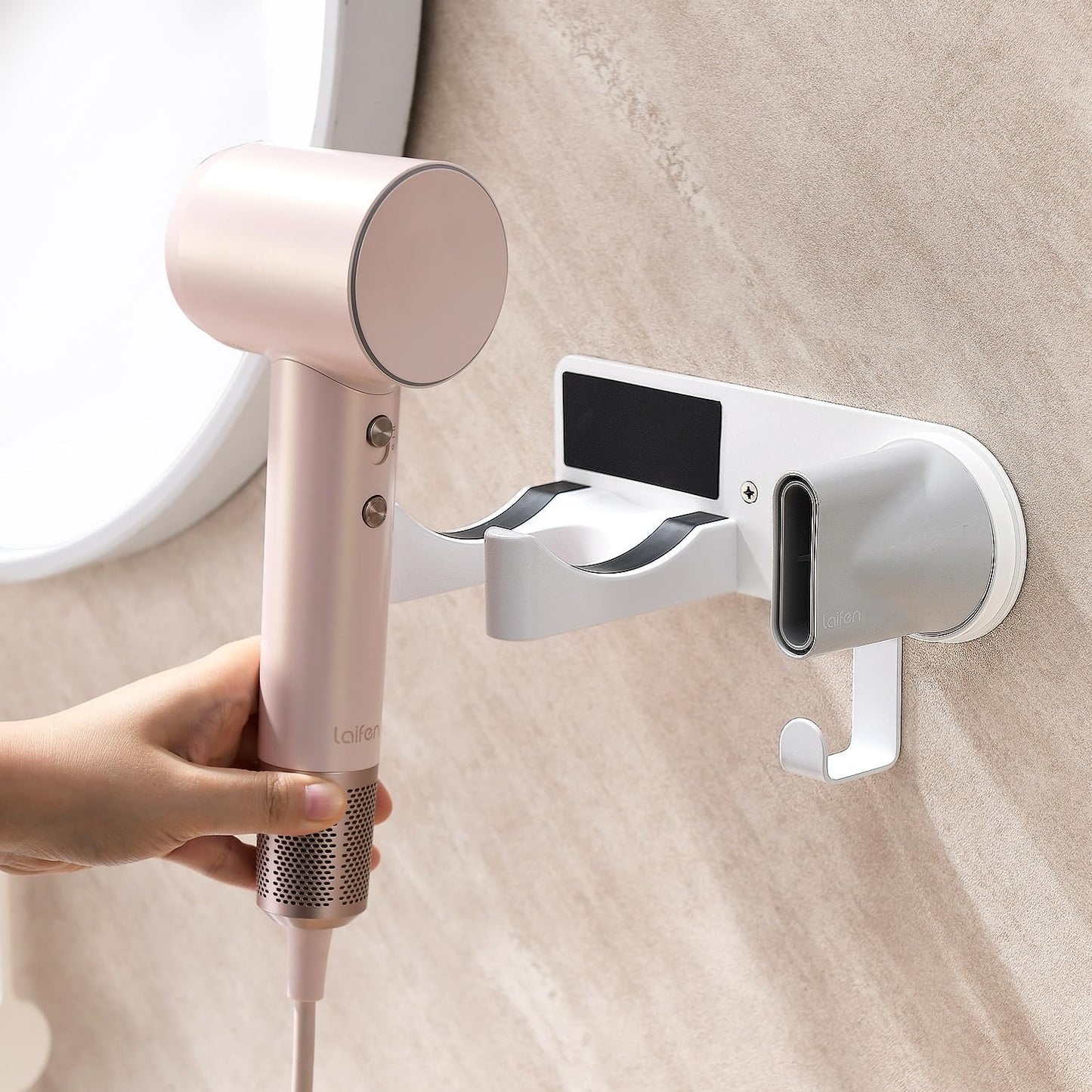 Wall Mounted Hair Dryer Holder Organizer, Self-Adhesive Storage, White NEW
