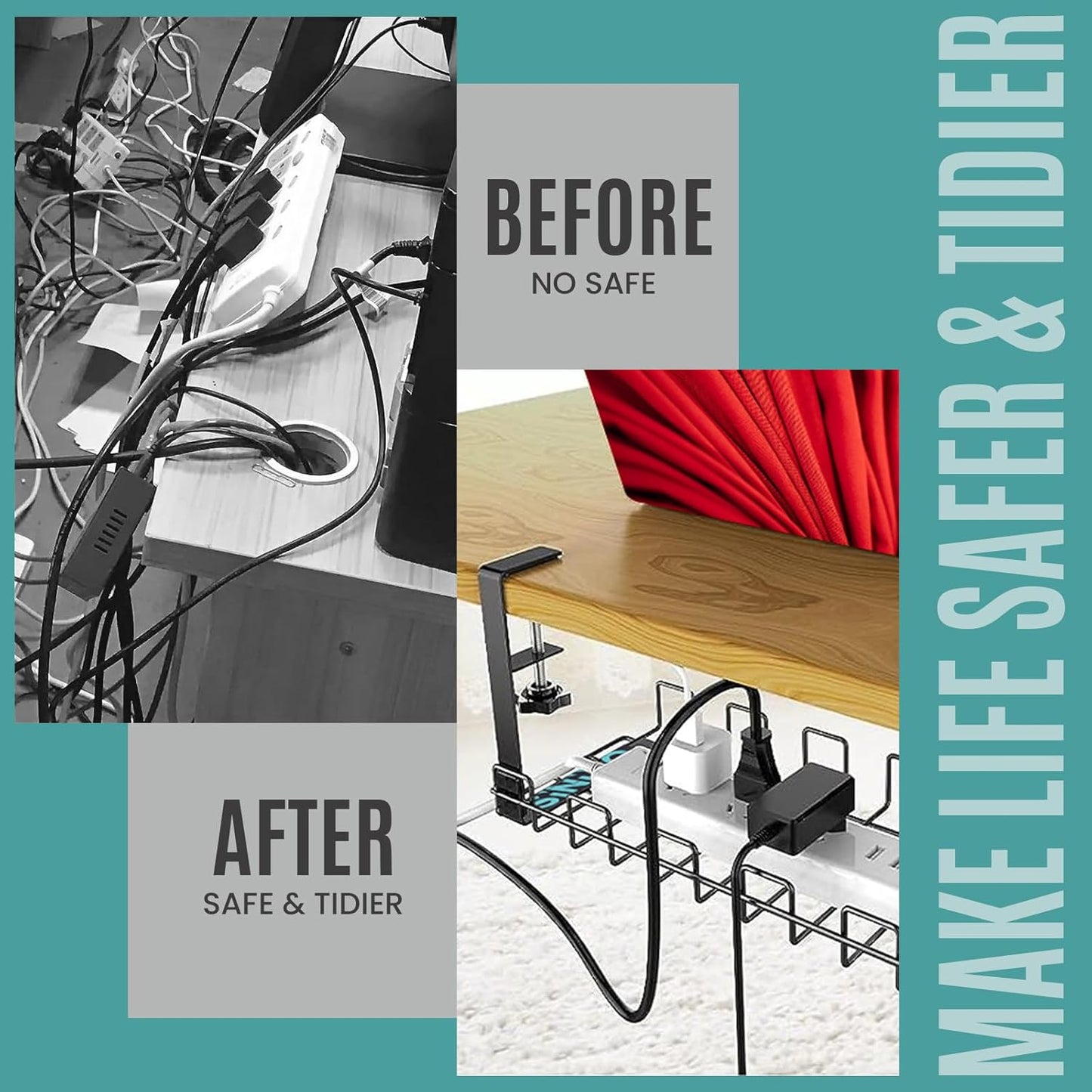 Sturdy Metal Cable Organizer Tray Desk Cord Management Black Size 40x12cm DEMO
