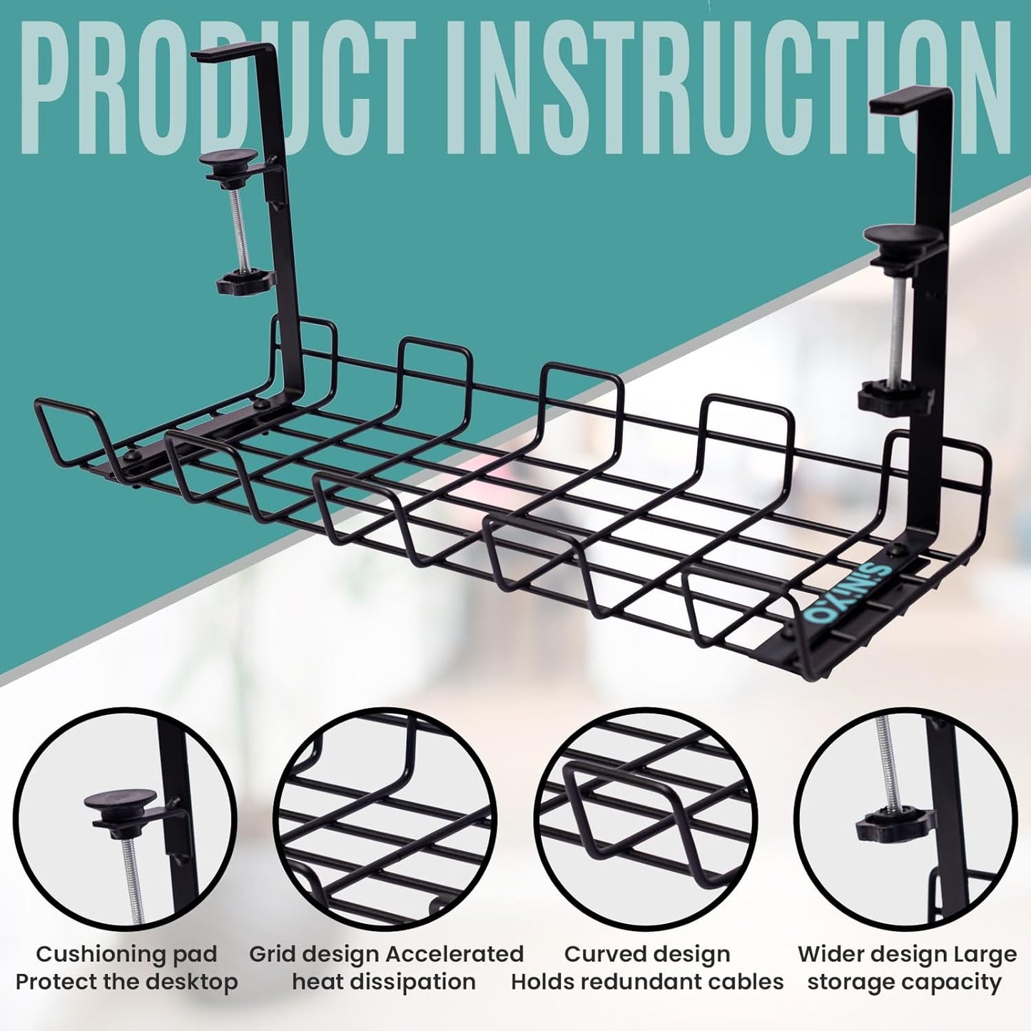 Sturdy Metal Cable Organizer Tray Desk Cord Management Black Size 40x12cm DEMO