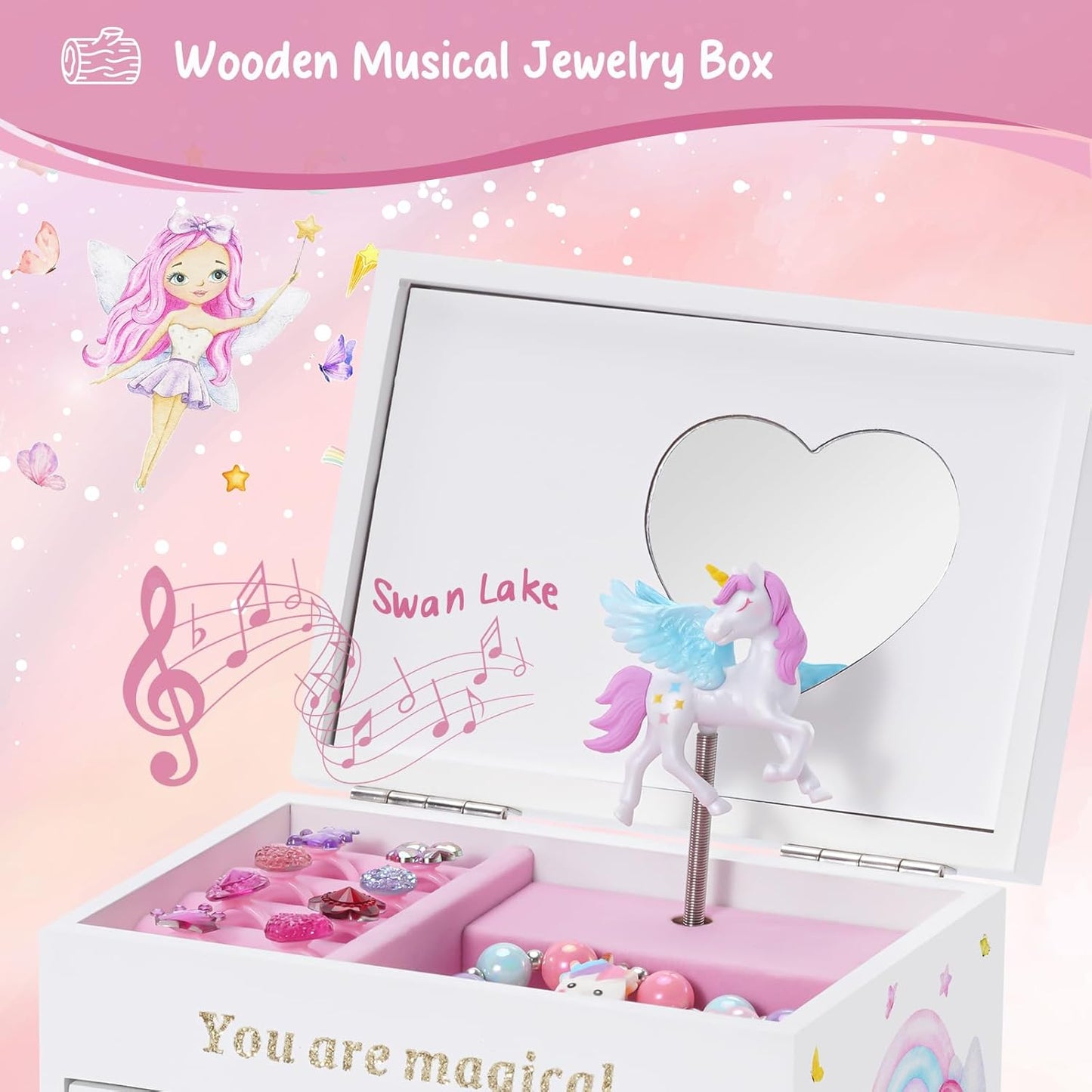 Lolalet Girls Accessories Box Wooden Musical Jewelry Box Organizer for Girl DEMO