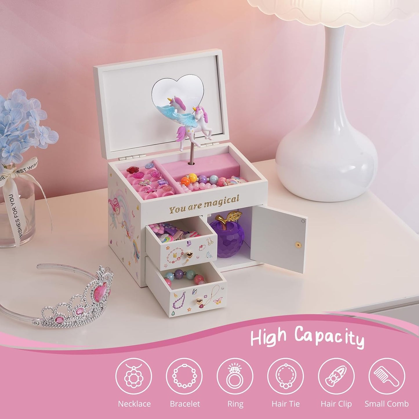 Lolalet Girls Accessories Box Wooden Musical Jewelry Box Organizer for Girl DEMO