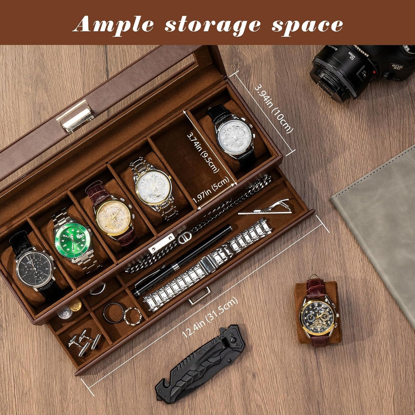Faux Mens Leather Watch Box Organizer, 6 Slot Double Layer, Espresso DEMO