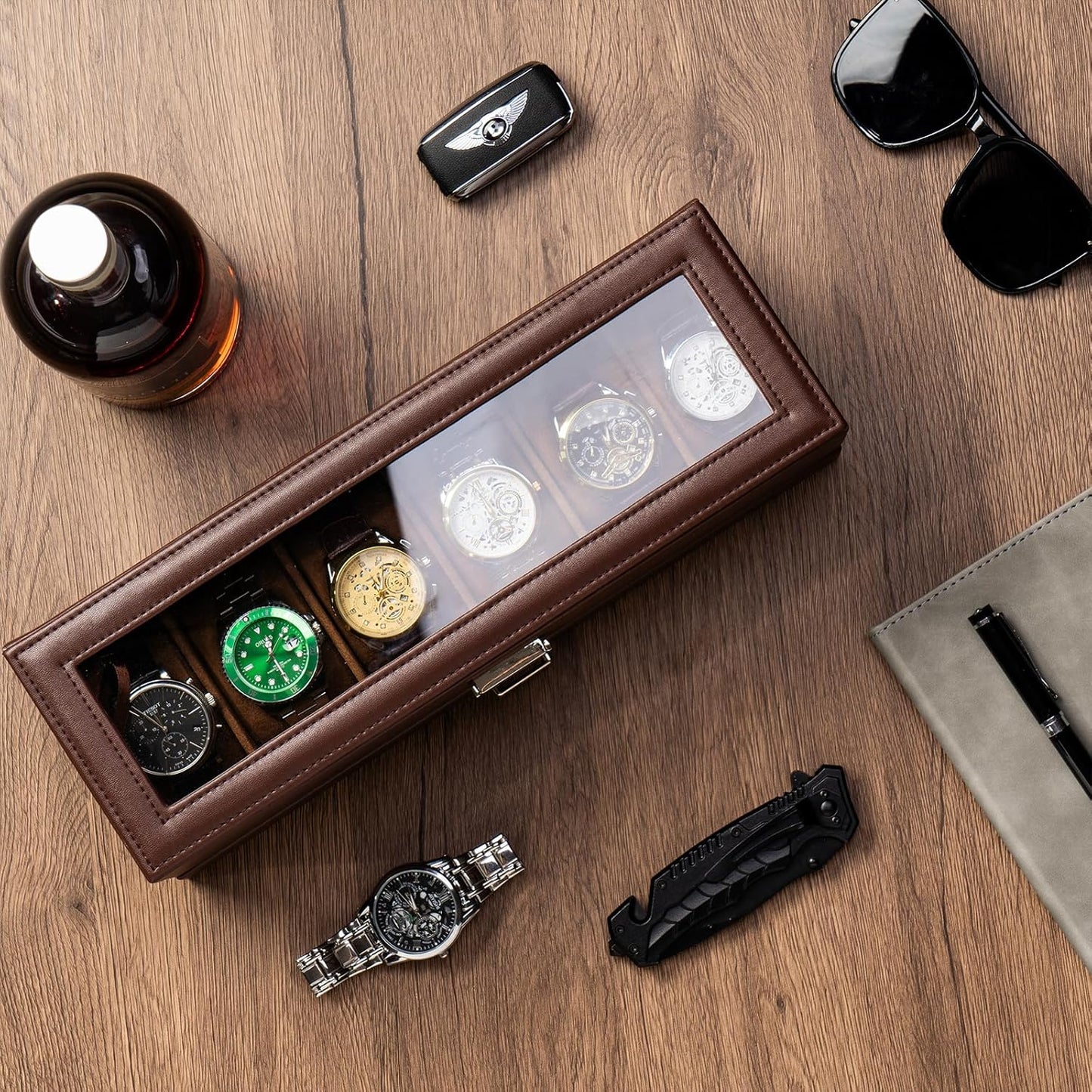 Faux Mens Leather Watch Box Organizer, 6 Slot Double Layer, Espresso DEMO