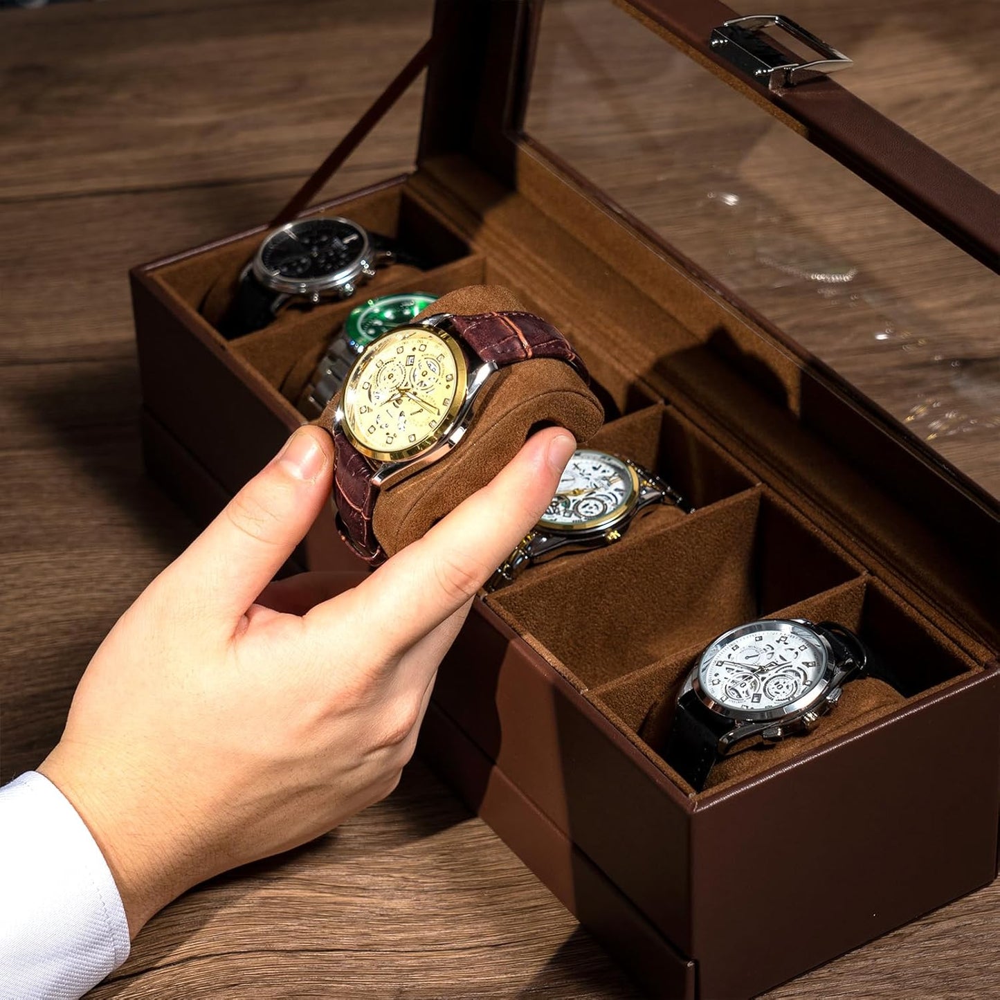 Faux Mens Leather Watch Box Organizer, 6 Slot Double Layer, Espresso DEMO