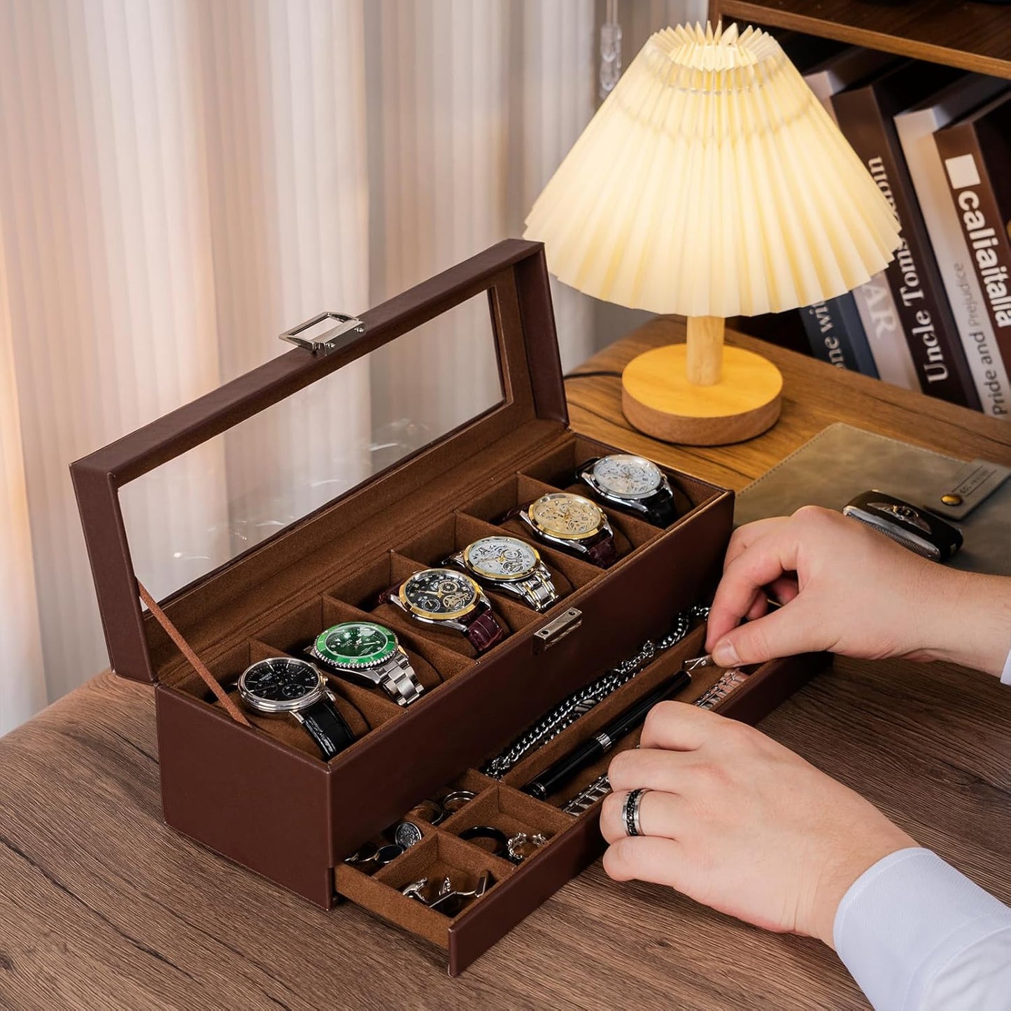 Faux Mens Leather Watch Box Organizer, 6 Slot Double Layer, Espresso DEMO