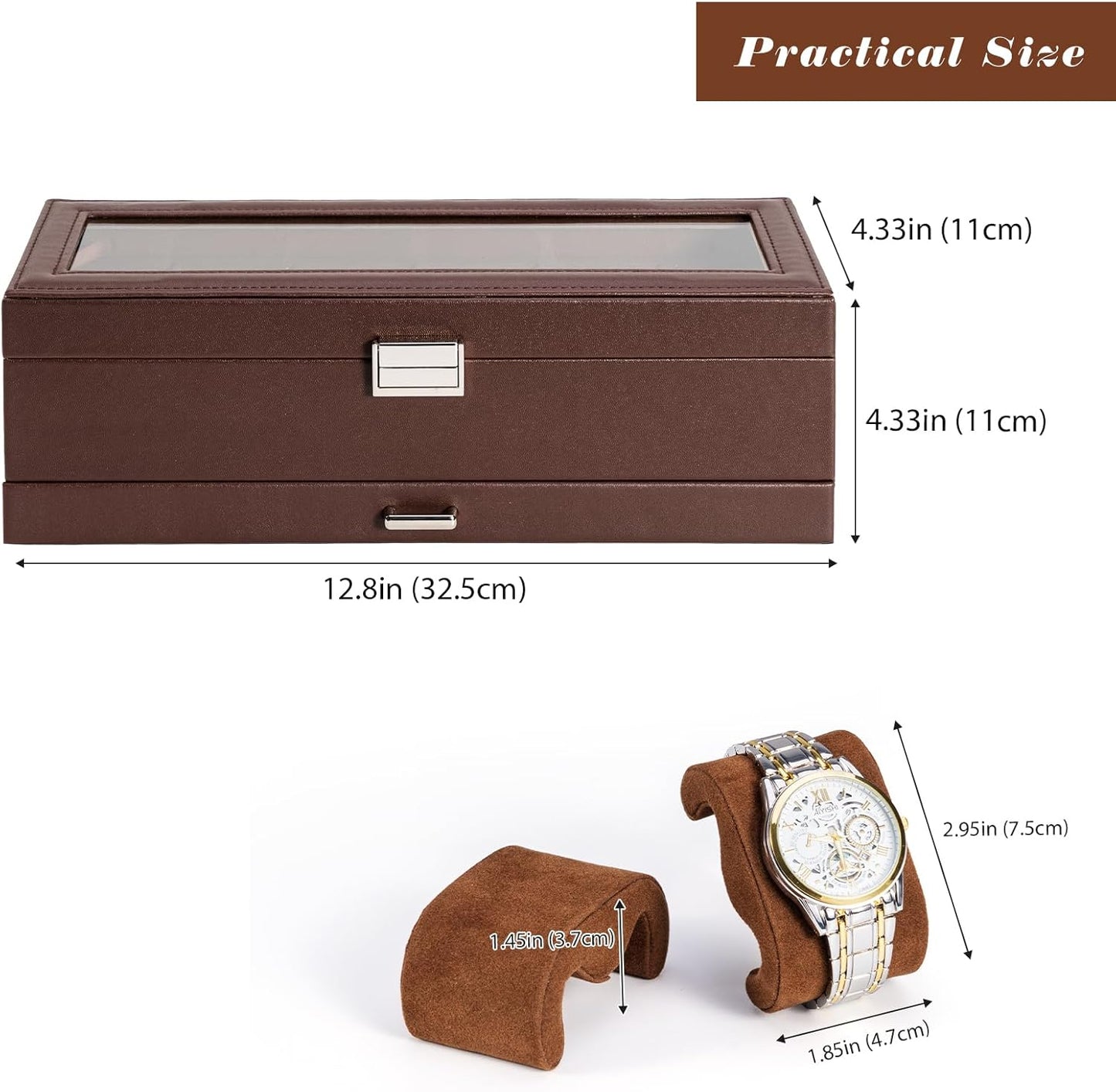 Faux Mens Leather Watch Box Organizer, 6 Slot Double Layer, Espresso DEMO