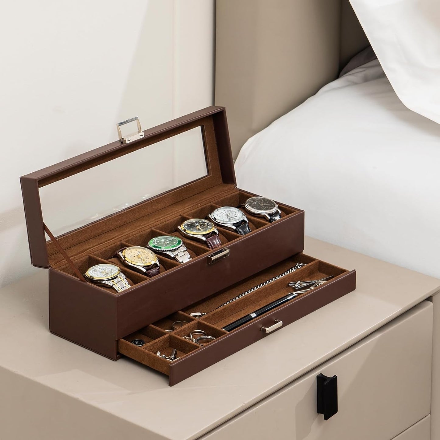 Faux Mens Leather Watch Box Organizer, 6 Slot Double Layer, Espresso DEMO