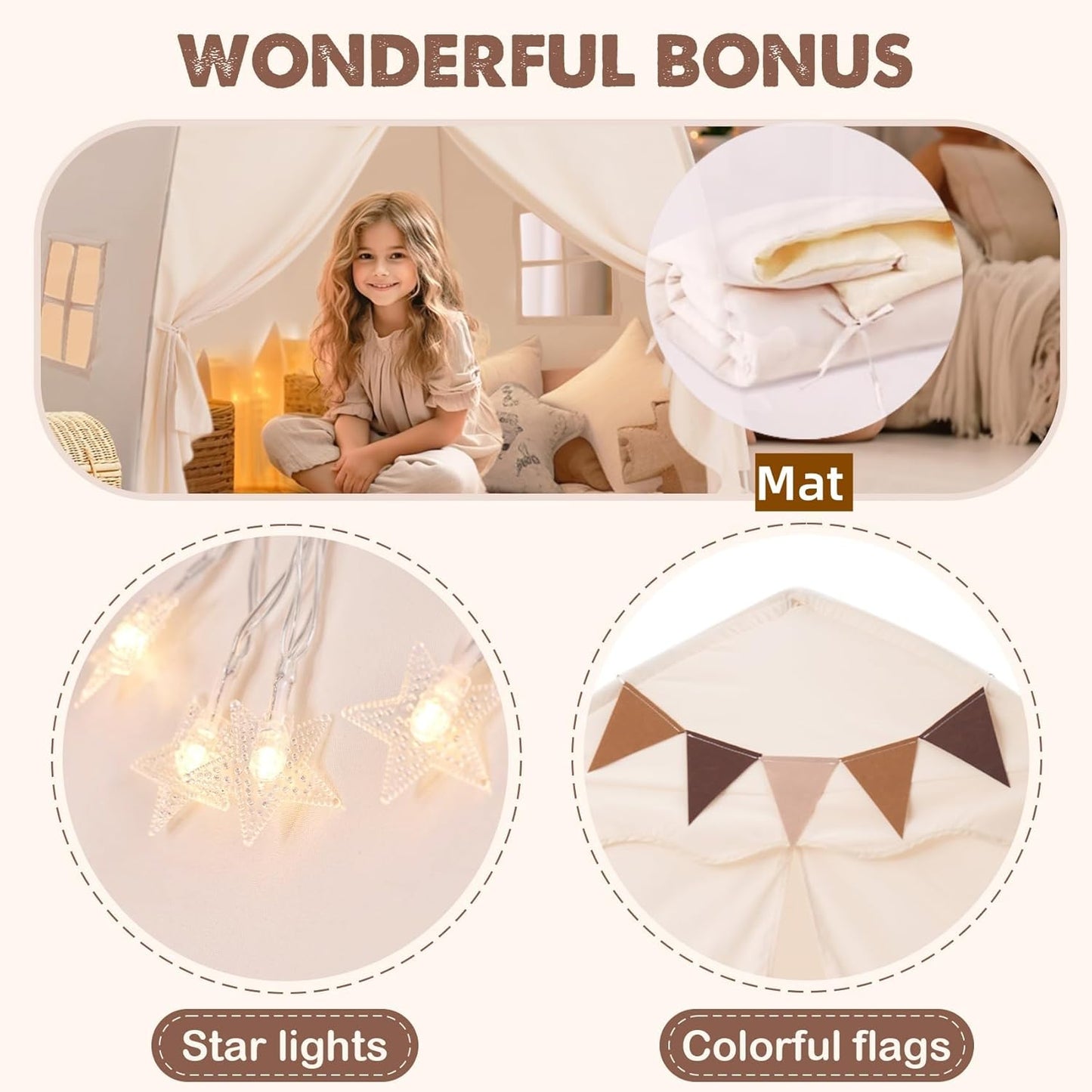 Large Portable Foldable Teepee Play Tent with Flags and Mat Multi Color NEW