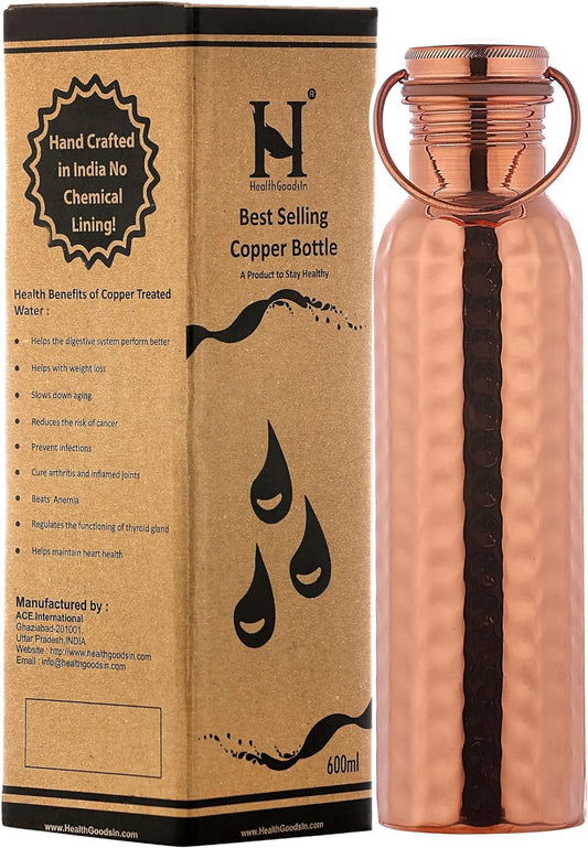 HealthGoodsIn Hammered Copper Water Bottle with Carry Handle, 20.28oz NEW