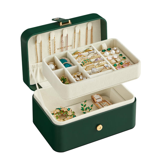 SONGMICS 2-Tier Portable Jewelry Storage Box Organizer, Forest Green, NEW