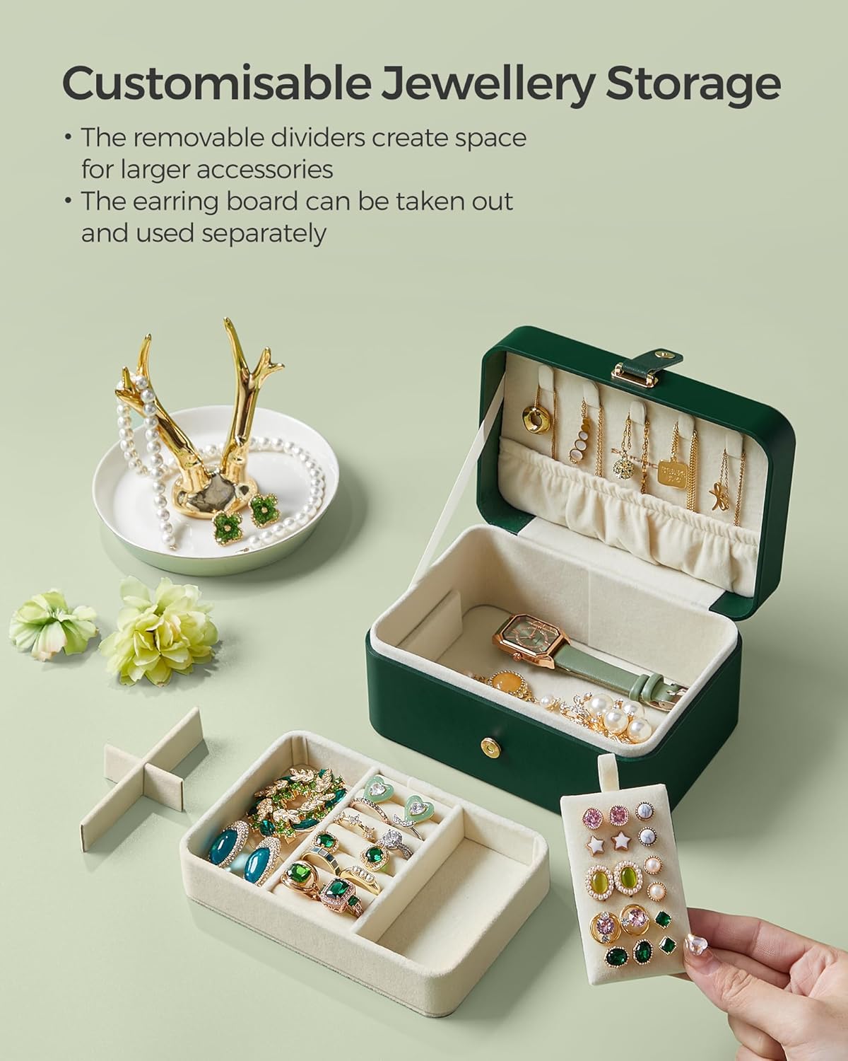 SONGMICS 2-Tier Portable Jewelry Storage Box Organizer, Forest Green, NEW