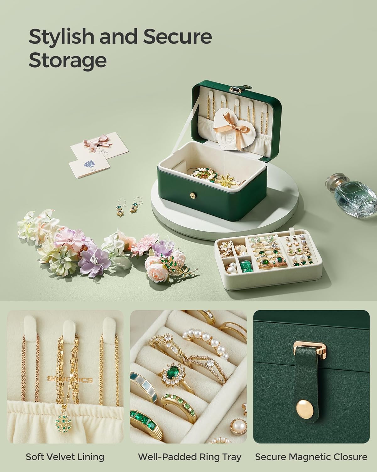 SONGMICS 2-Tier Portable Jewelry Storage Box Organizer, Forest Green, NEW