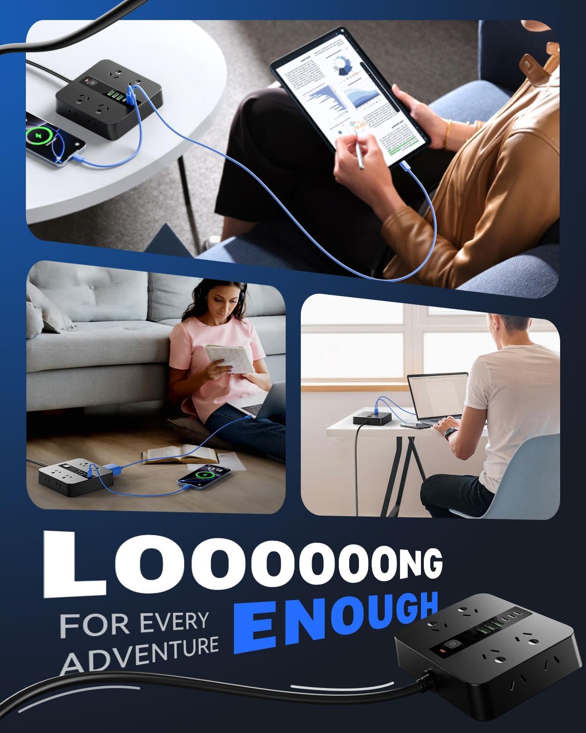 8-Outlet Power Strip with 6 USB Ports (3 USB-C) Electrical Charging Black NEW