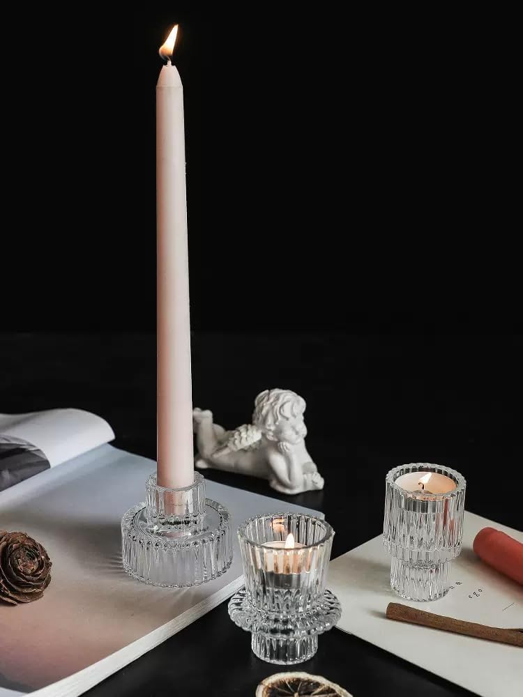 Glass Pillar Candle Holder Clear Candlestick for Home, Wedding, Party Size NEW