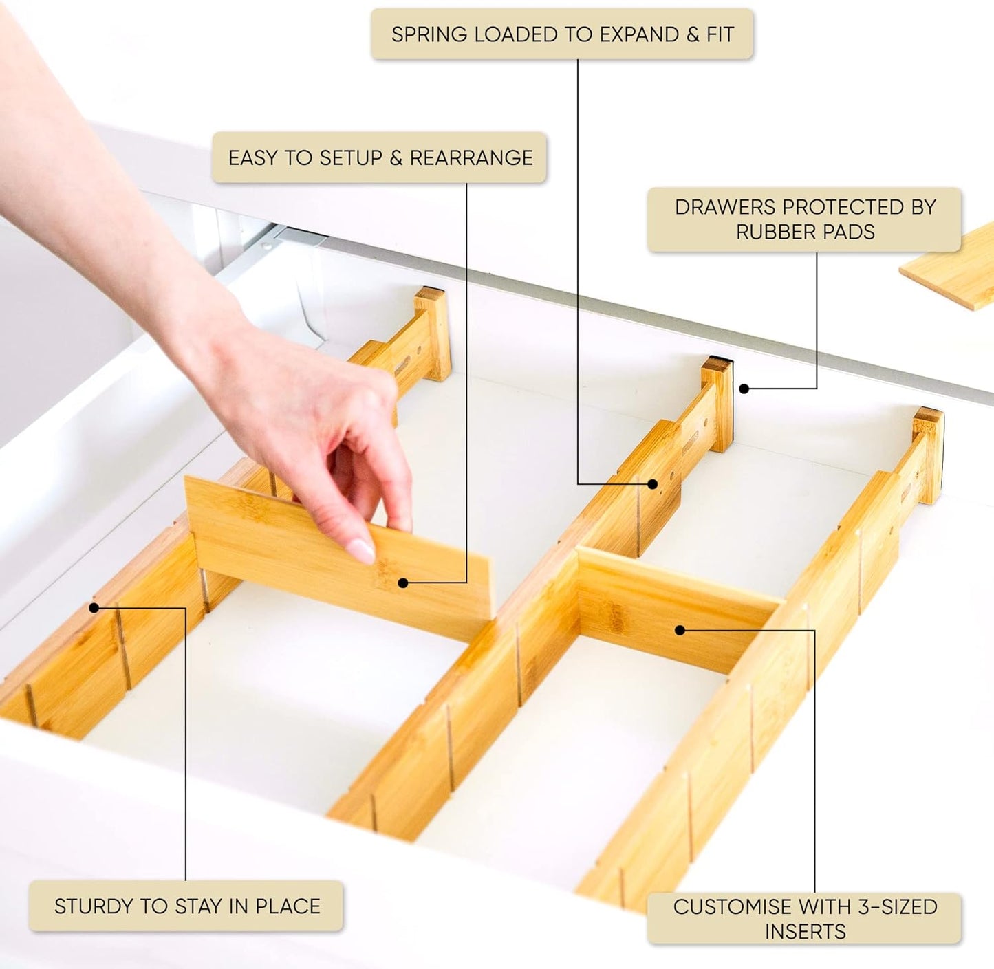 Greener Living Expandable Bamboo Drawer Dividers Organizer, 43-55cm, NEW
