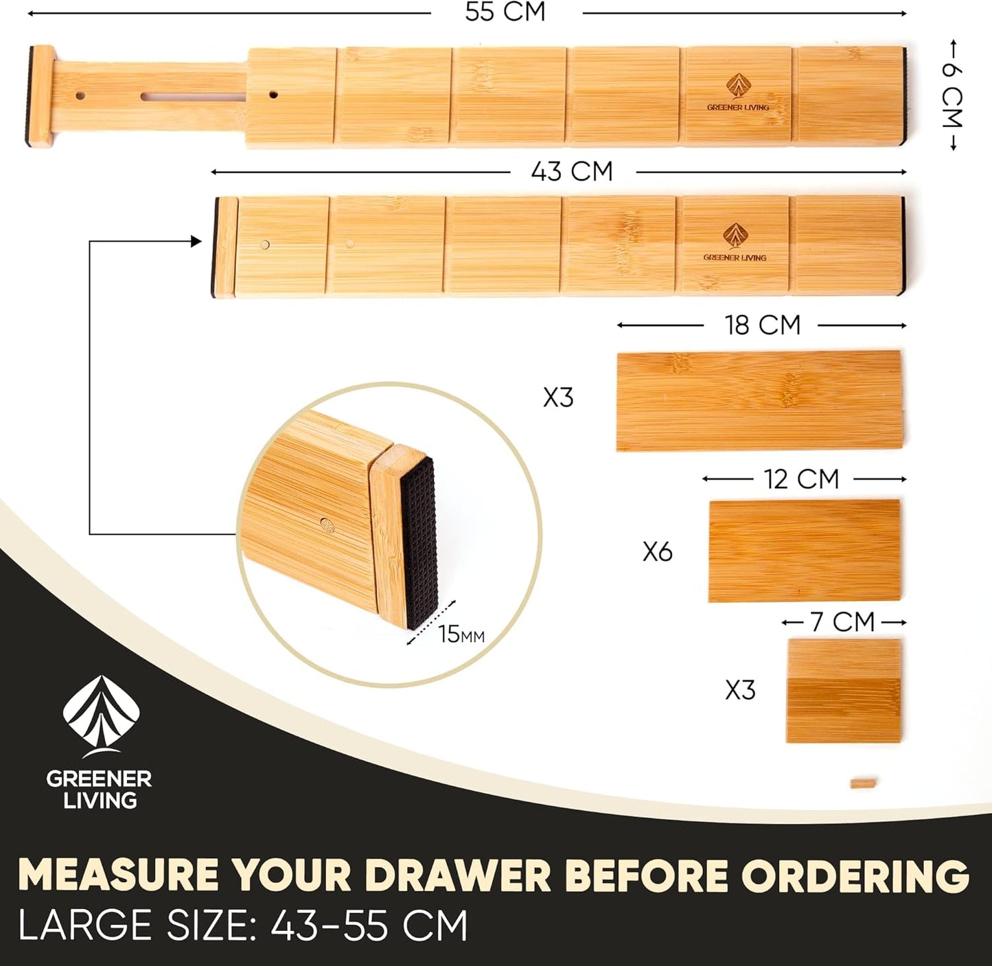 Greener Living Expandable Bamboo Drawer Dividers Organizer, 43-55cm, NEW