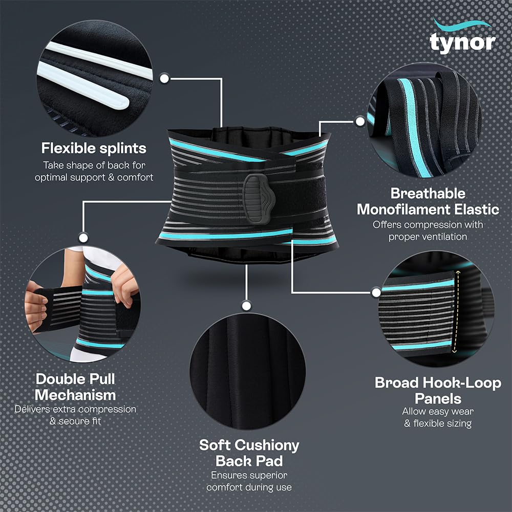 TYNOR Adjustable Lumbar Support Belt Breathable Lower Back Brace Black Sz M NEW