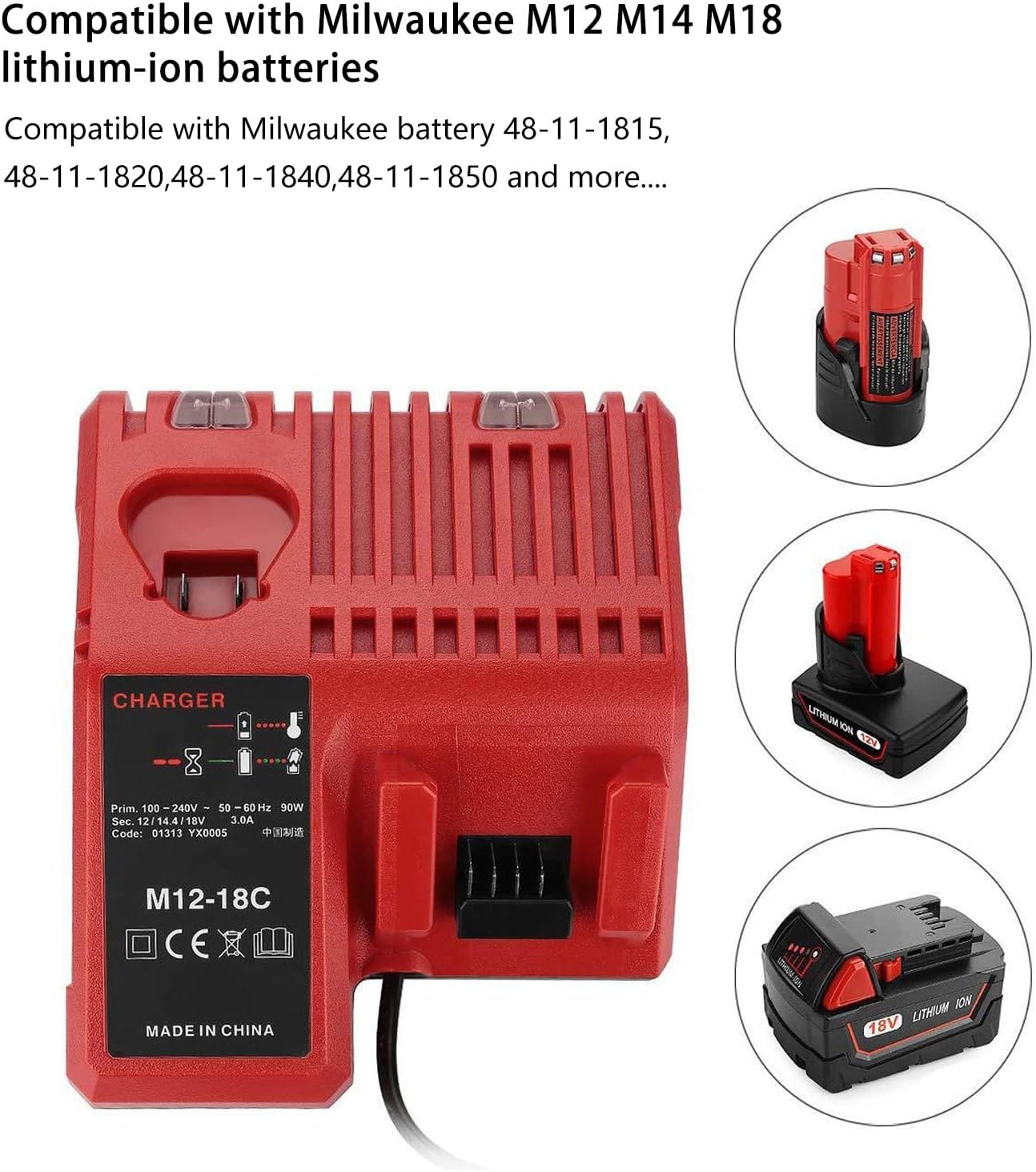 Replacement Battery Charger for Milwaukee M12 & M18 Power Tools in Red DEMO
