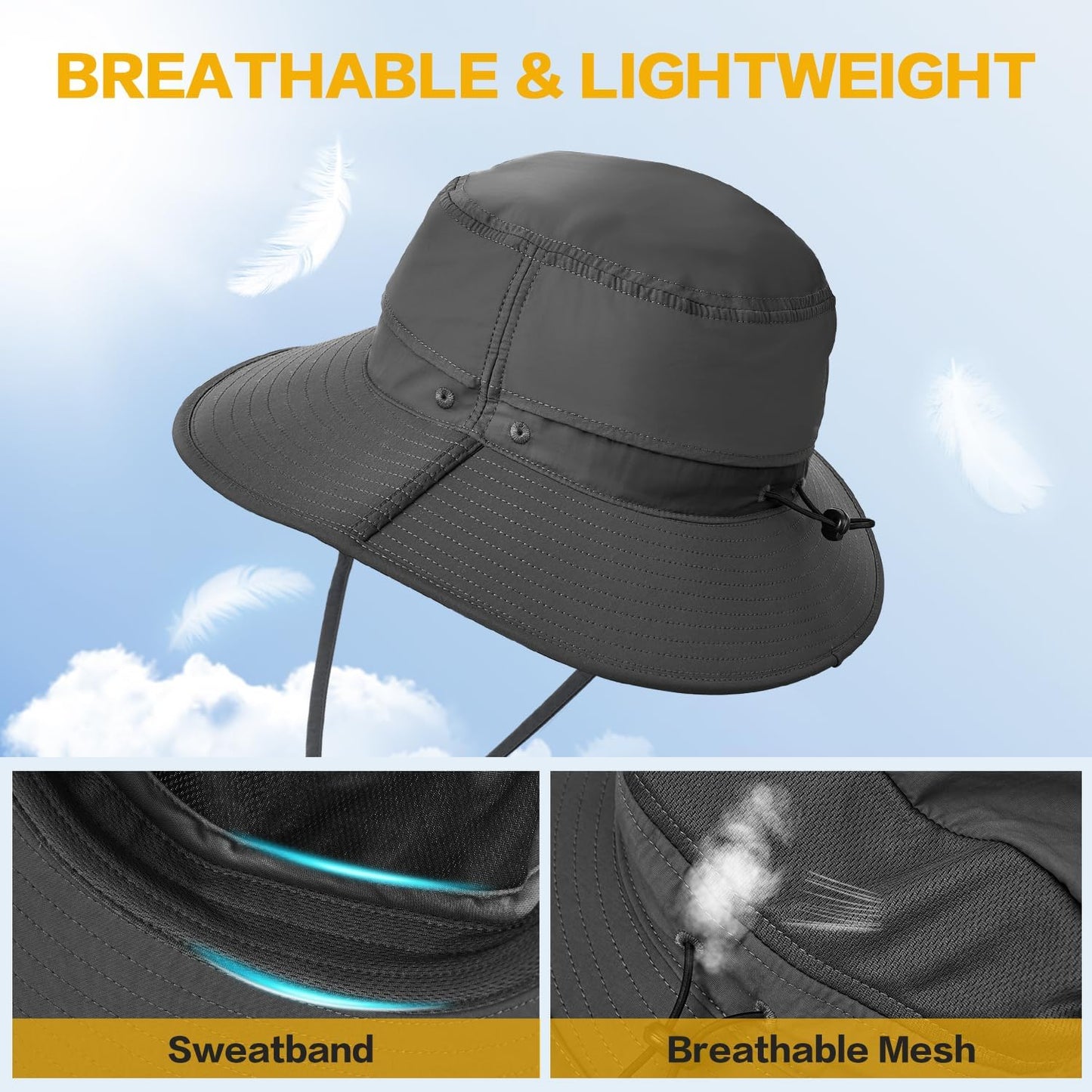 Lightweight Hats Unisex Mesh Sun Hat UPF 50+ Breathable Wide Brim Dark Grey NEW