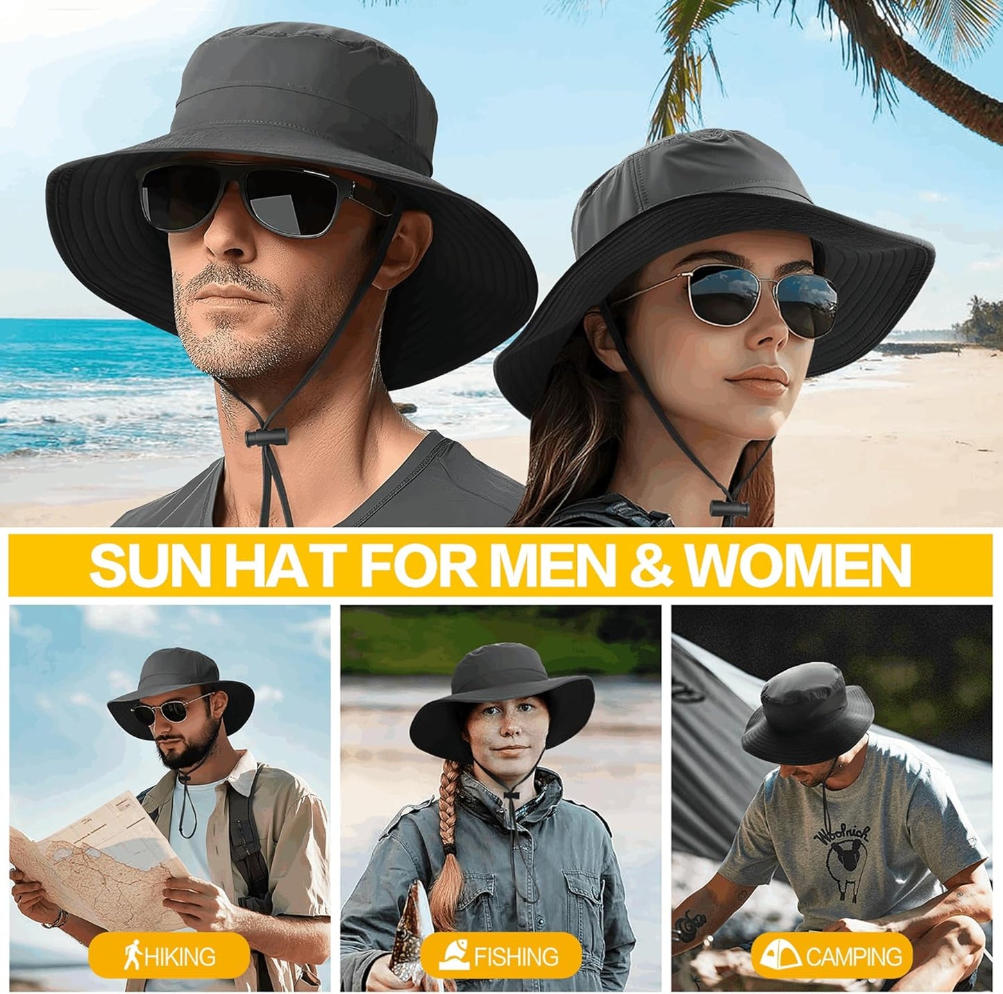 Lightweight Hats Unisex Mesh Sun Hat UPF 50+ Breathable Wide Brim Dark Grey NEW