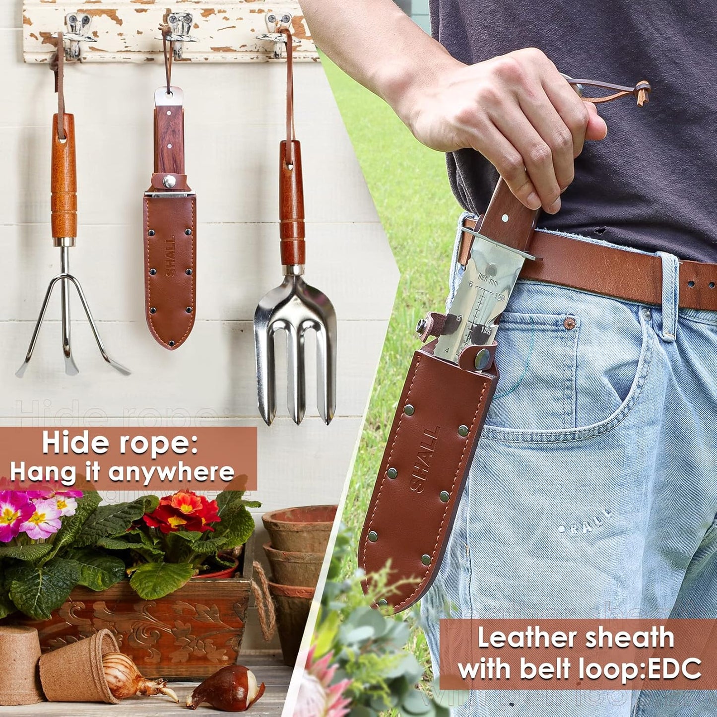 Shall 12" Hori Hori Gardening Tool Manual Weeder Knife with Leather Sheath NEW