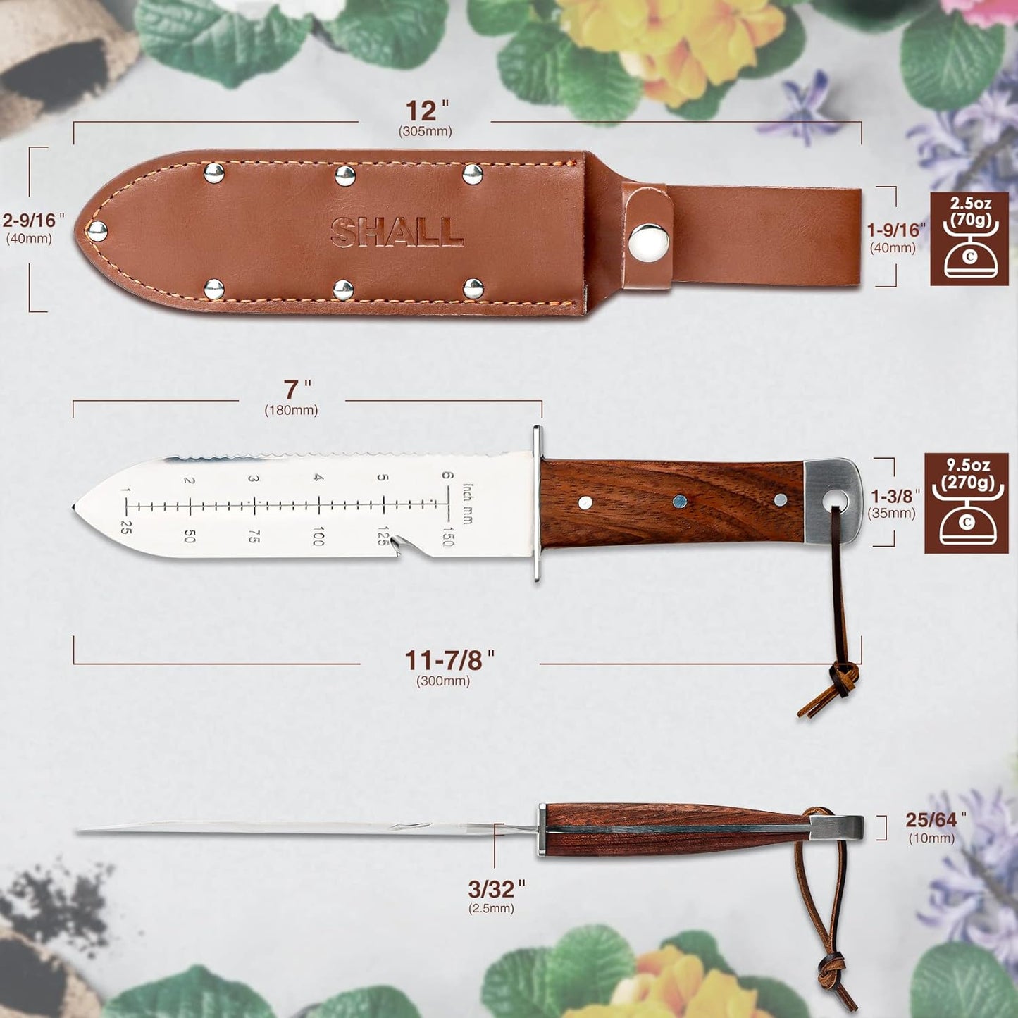 Shall 12" Hori Hori Gardening Tool Manual Weeder Knife with Leather Sheath NEW