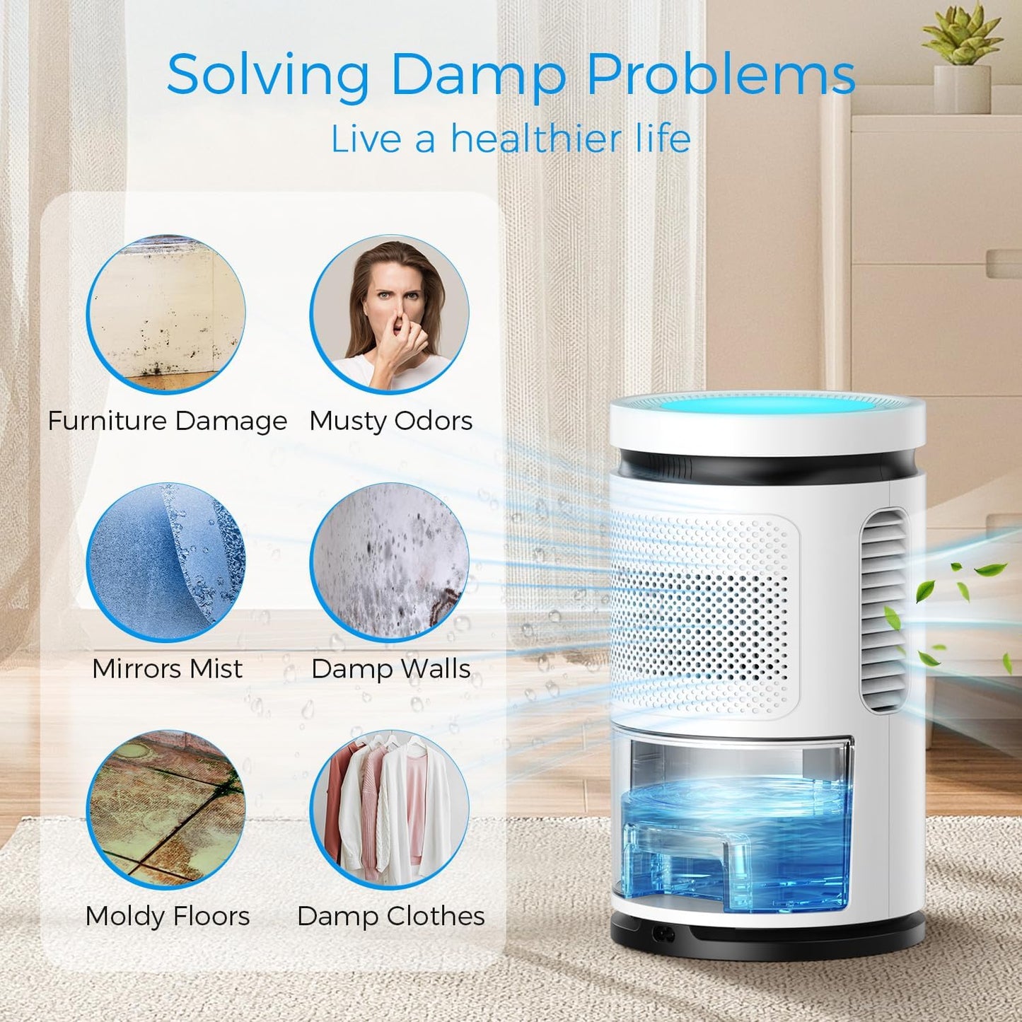 Karmotte 2500ml Quiet Portable Dehumidifier & Air Purifier, White NEW