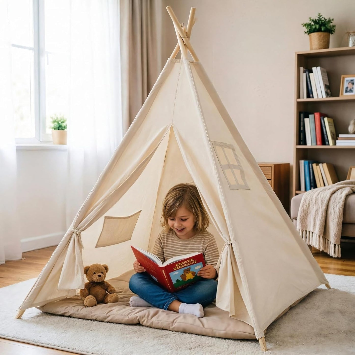 Midook Kids Teepee Tent Canvas Play White Size 200x200x180cm - Outdoor Tents NEW