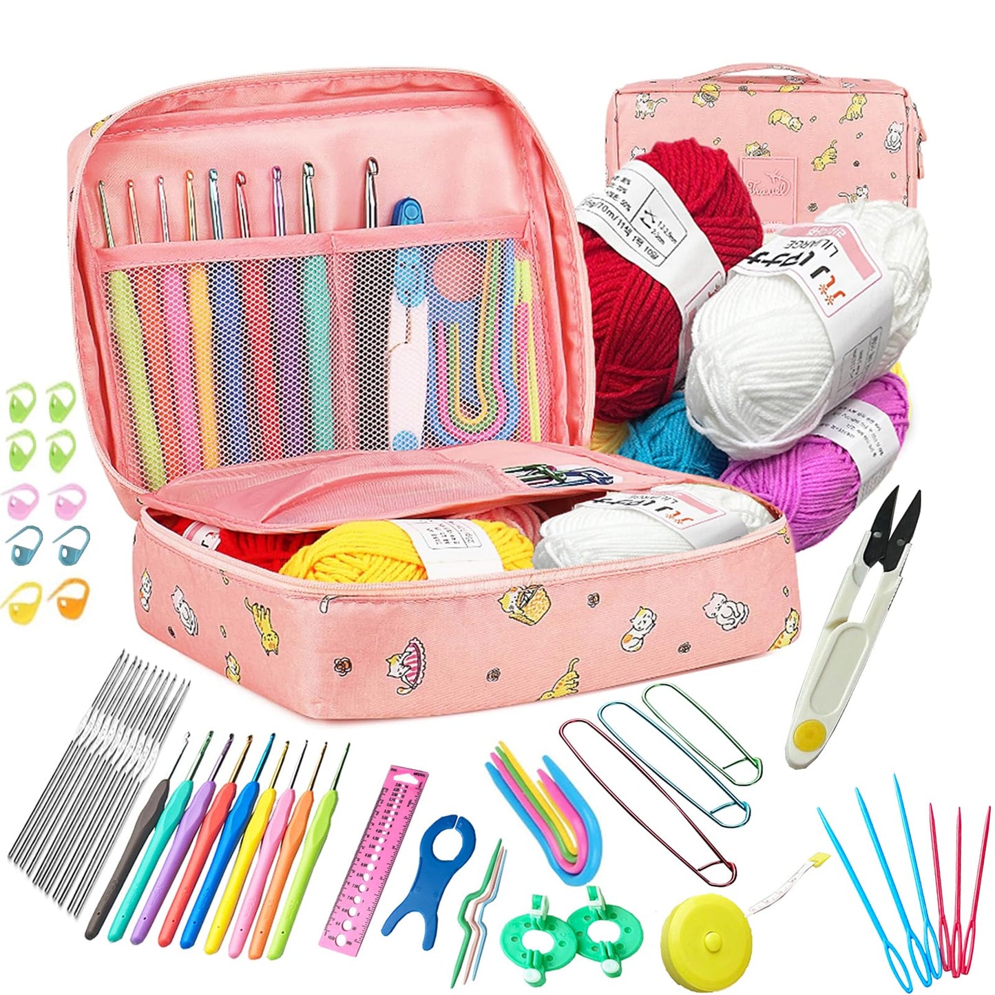 59 Piece Crochet Hook Set Knitting Starter Kit Ergonomic Soft Pink 59pcs NEW