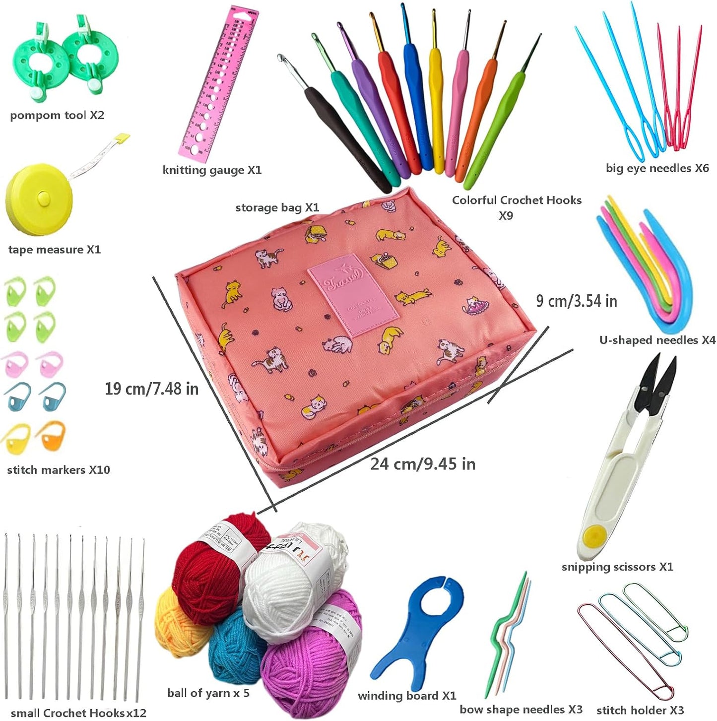 59 Piece Crochet Hook Set Knitting Starter Kit Ergonomic Soft Pink 59pcs NEW