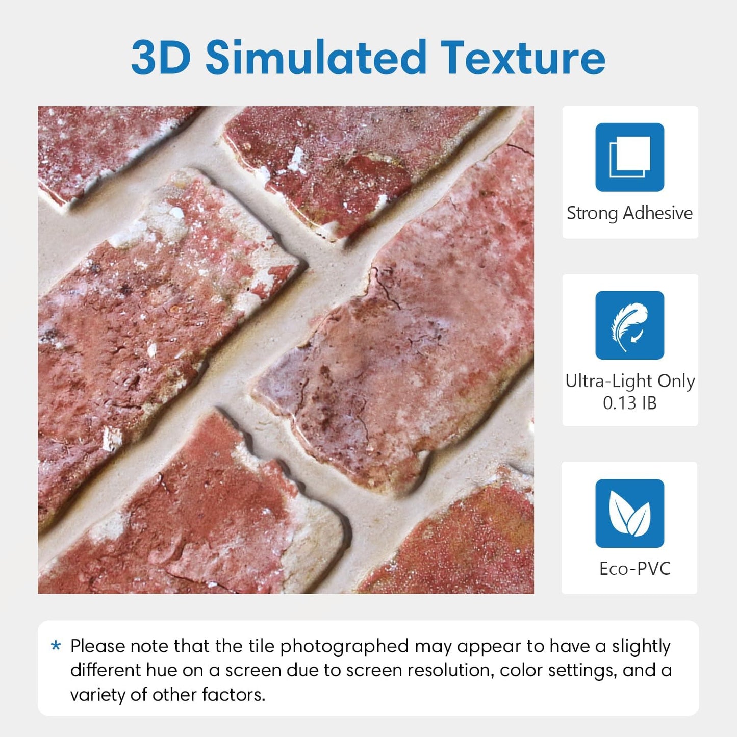 COMSTICKC 3D Red Brick Peel and Stick Wall Tiles, 12" x 10 Pieces, NEW