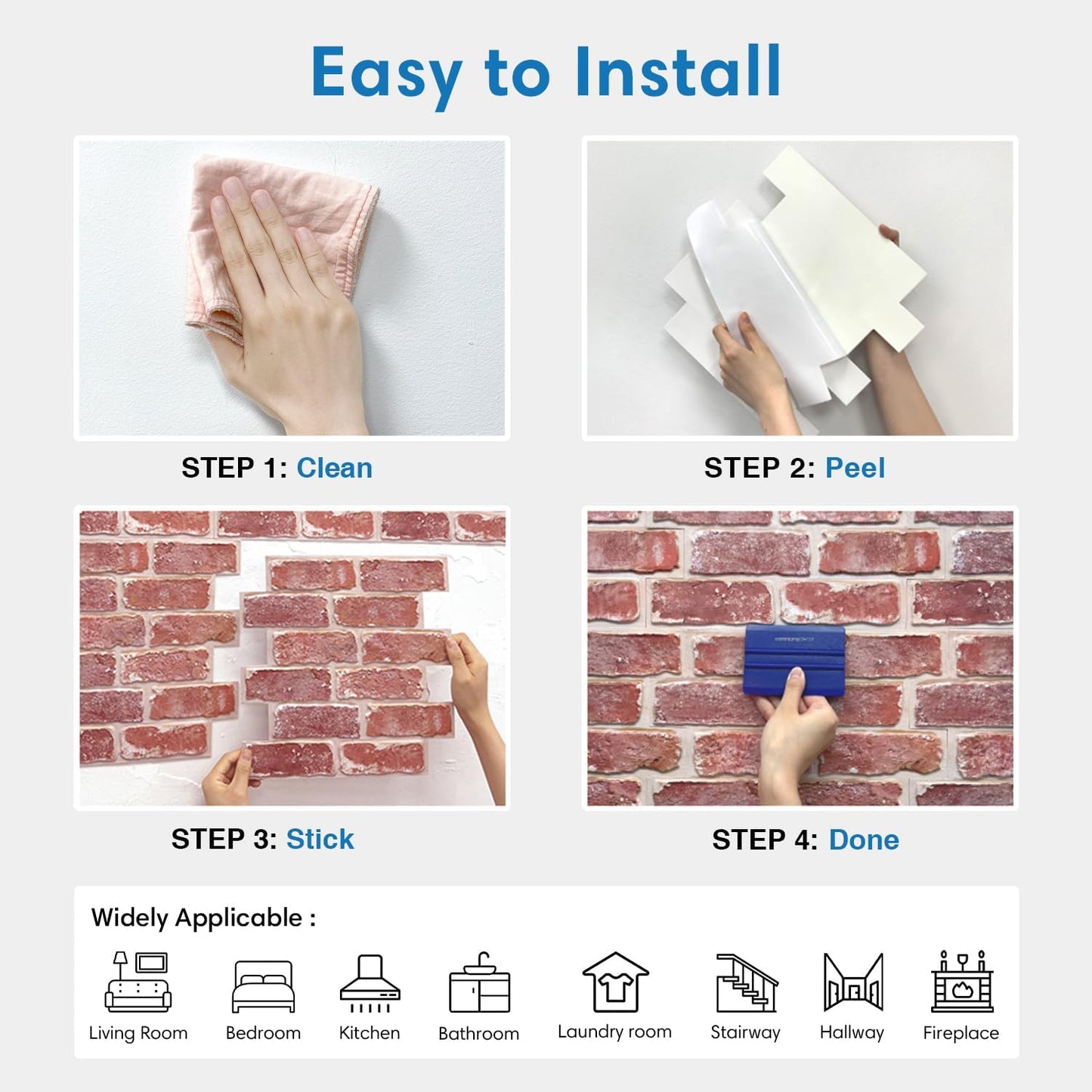 COMSTICKC 3D Red Brick Peel and Stick Wall Tiles, 12" x 10 Pieces, NEW