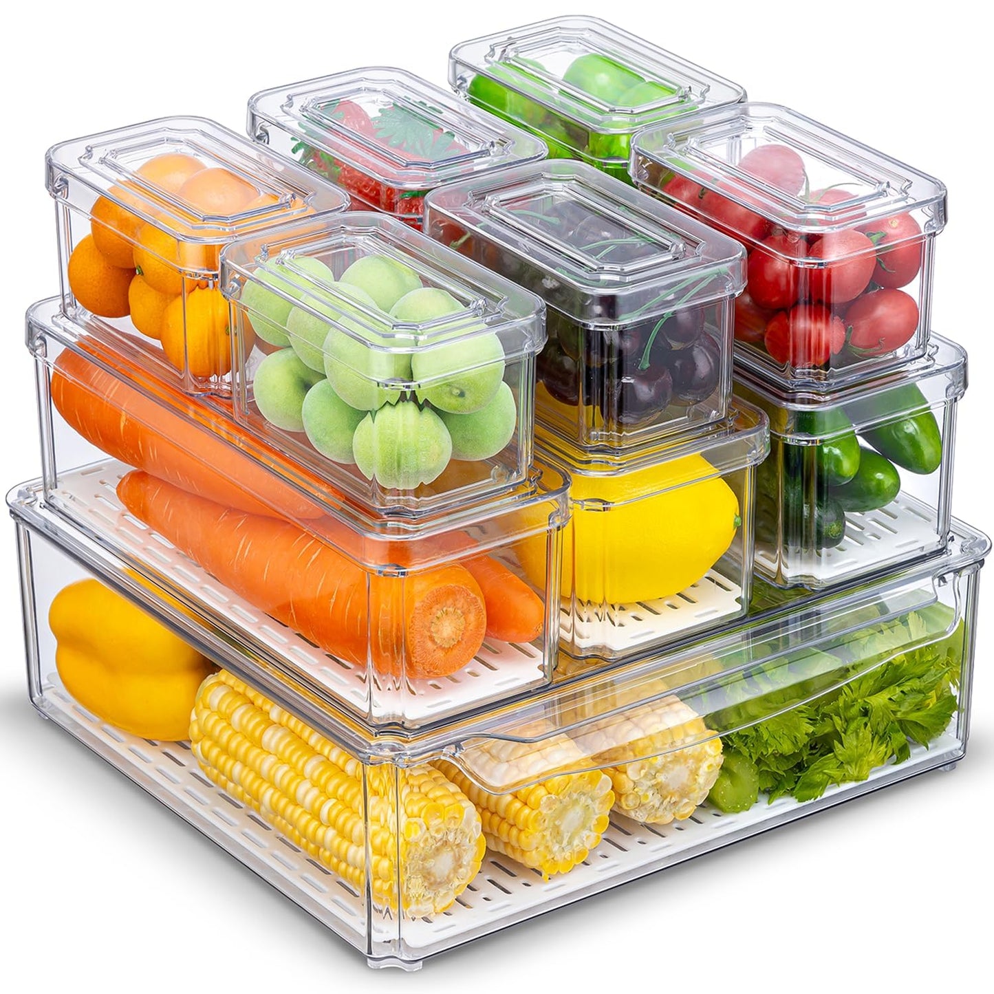 Stackable 10-Piece Multi-Size Clear Food Storage Containers Set, 1L 3M 6S NEW