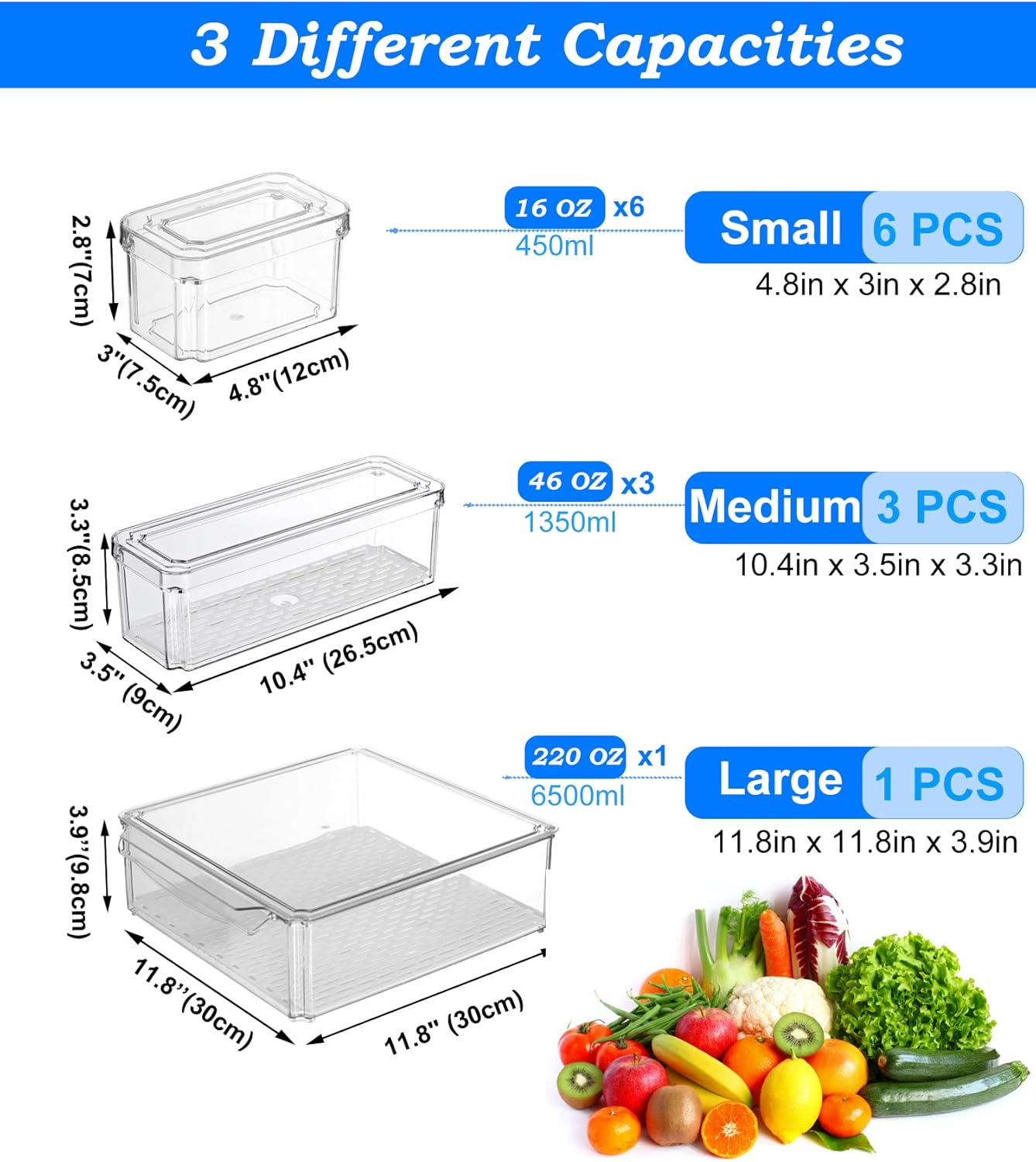 Stackable 10-Piece Multi-Size Clear Food Storage Containers Set, 1L 3M 6S NEW