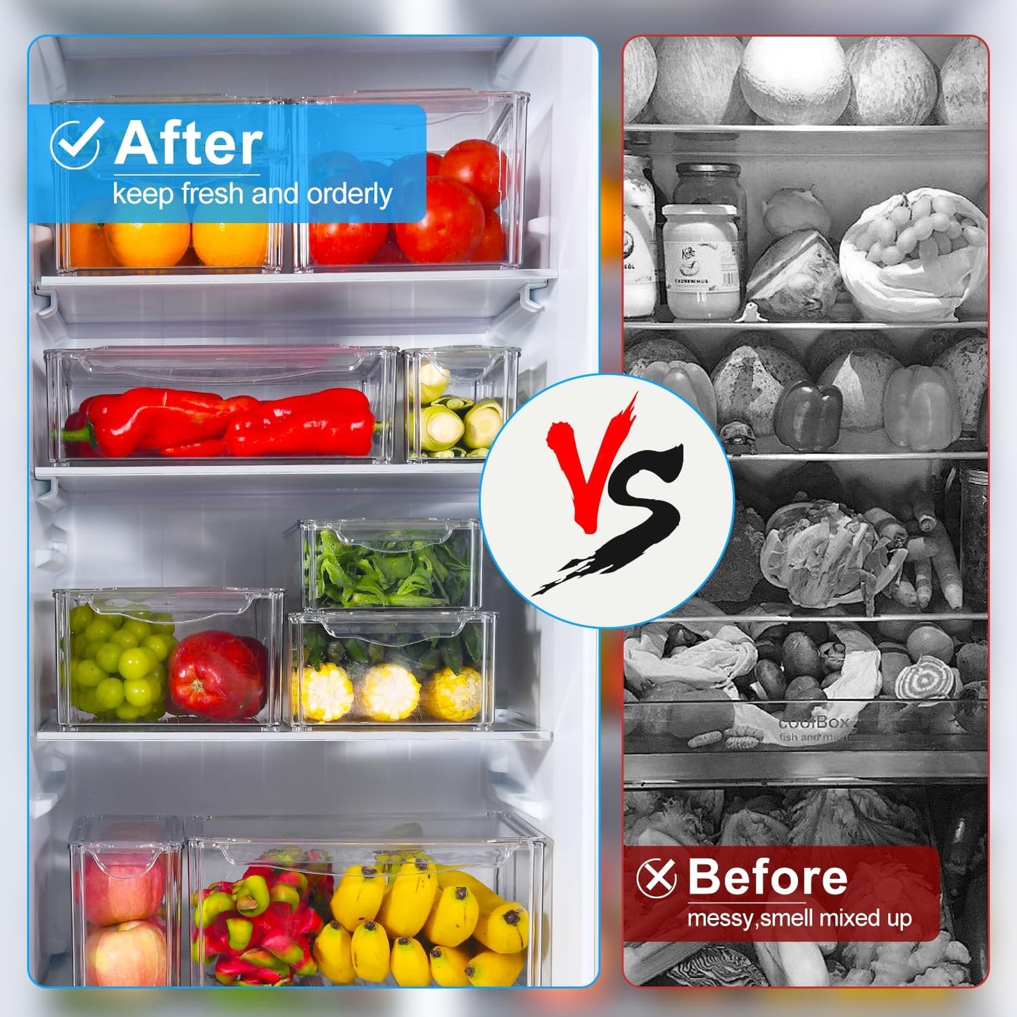 Stackable 10-Piece Multi-Size Clear Food Storage Containers Set, 1L 3M 6S NEW