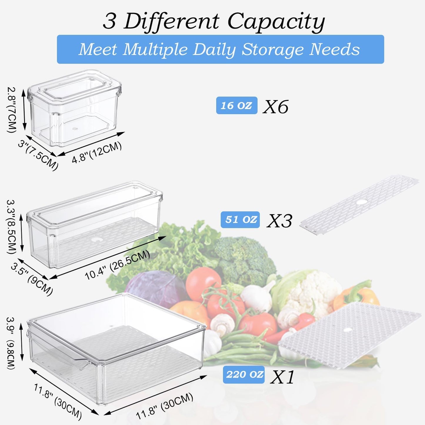 Stackable 10-Piece Multi-Size Clear Food Storage Containers Set, 1L 3M 6S NEW