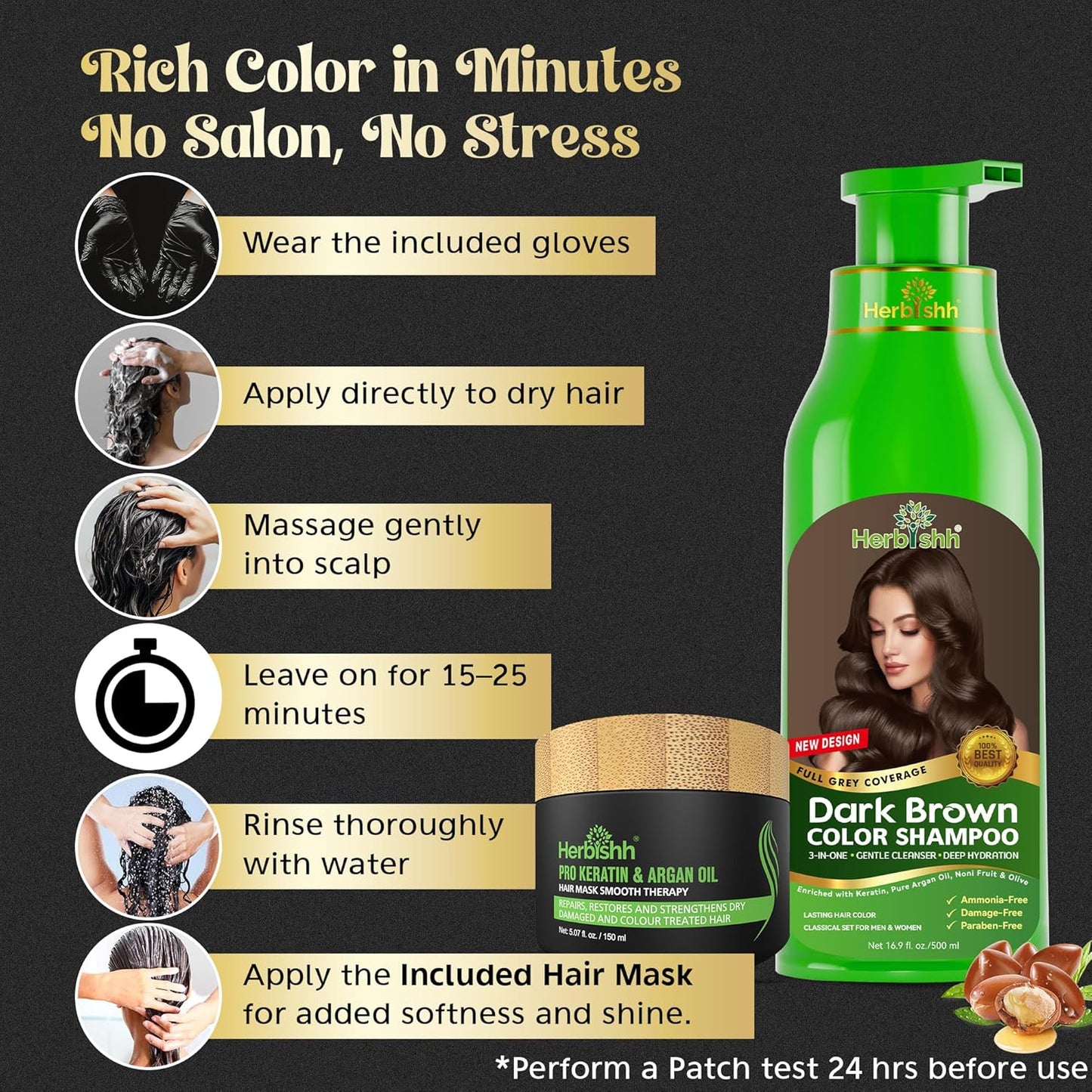 Herbishh Semi-Permanent Shampoos Hair Color Shampoo with Argan Oil Dark NEW