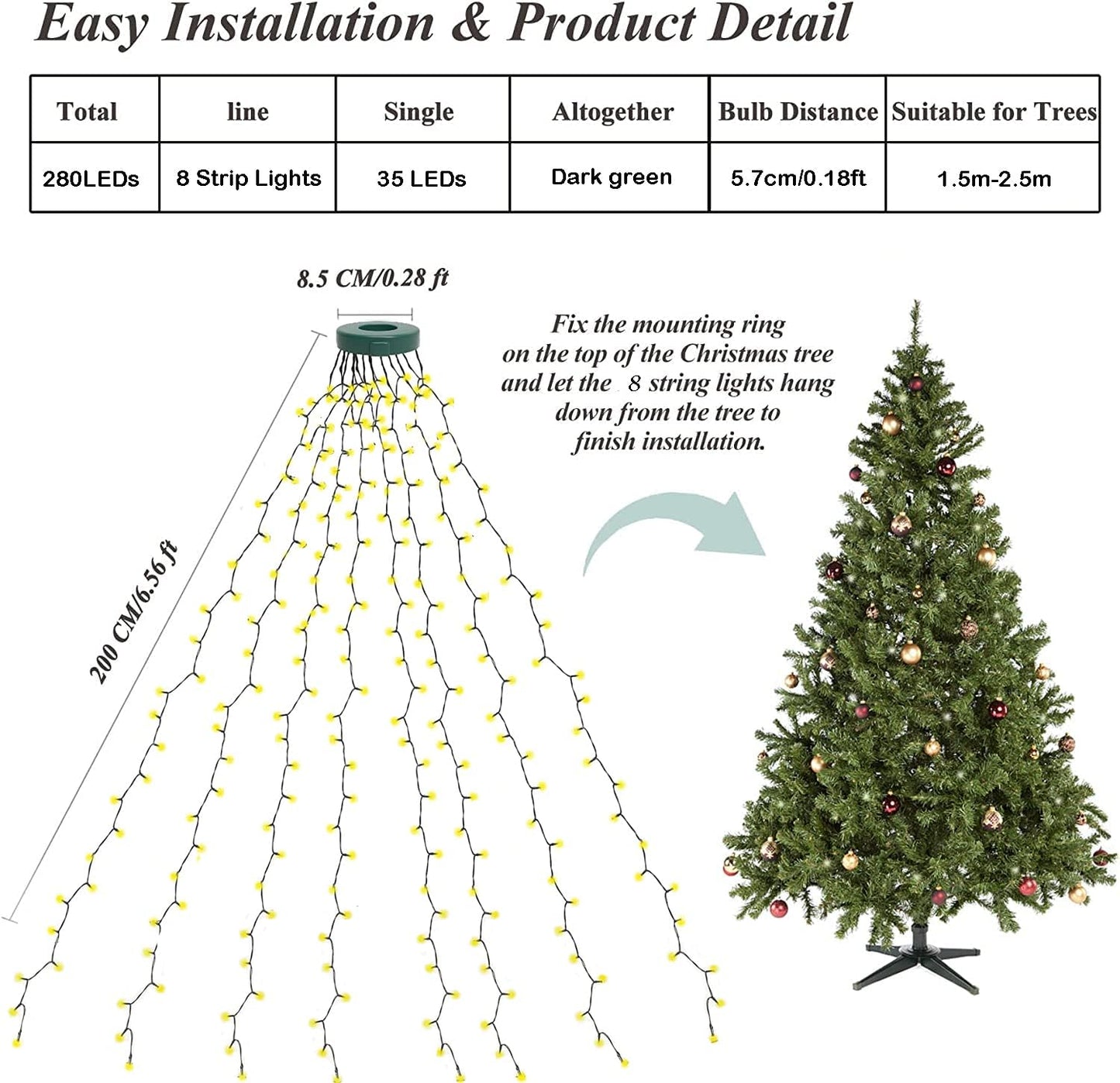 Warm White 280 LED Christmas String Lights - 2m Decorative Home Decor Size NEW
