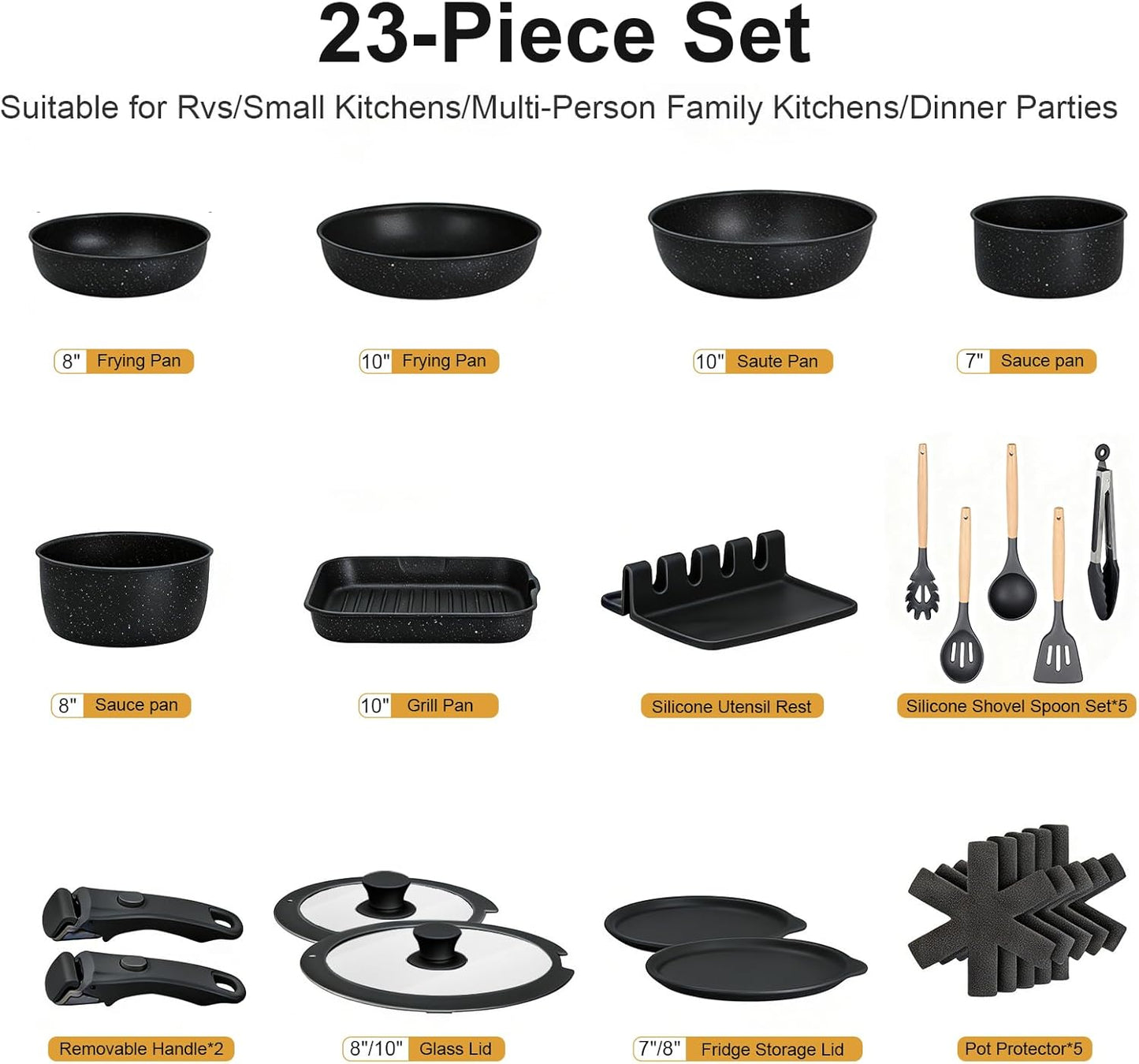 Yildue 23 Piece Pot and Pan Set Detachable Handle Induction Cookware Black NEW