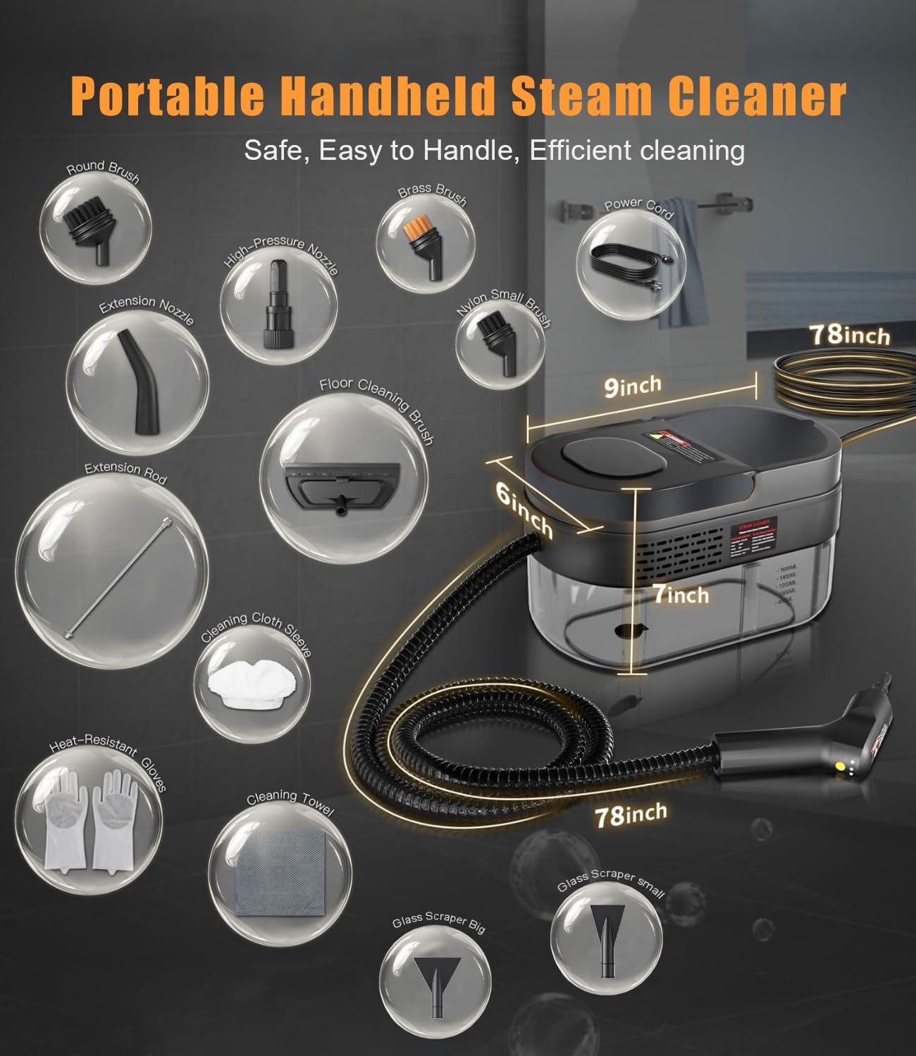 Powerful 1600ml Black Handheld Steam Cleaner with 12-Piece Accessories DEMO