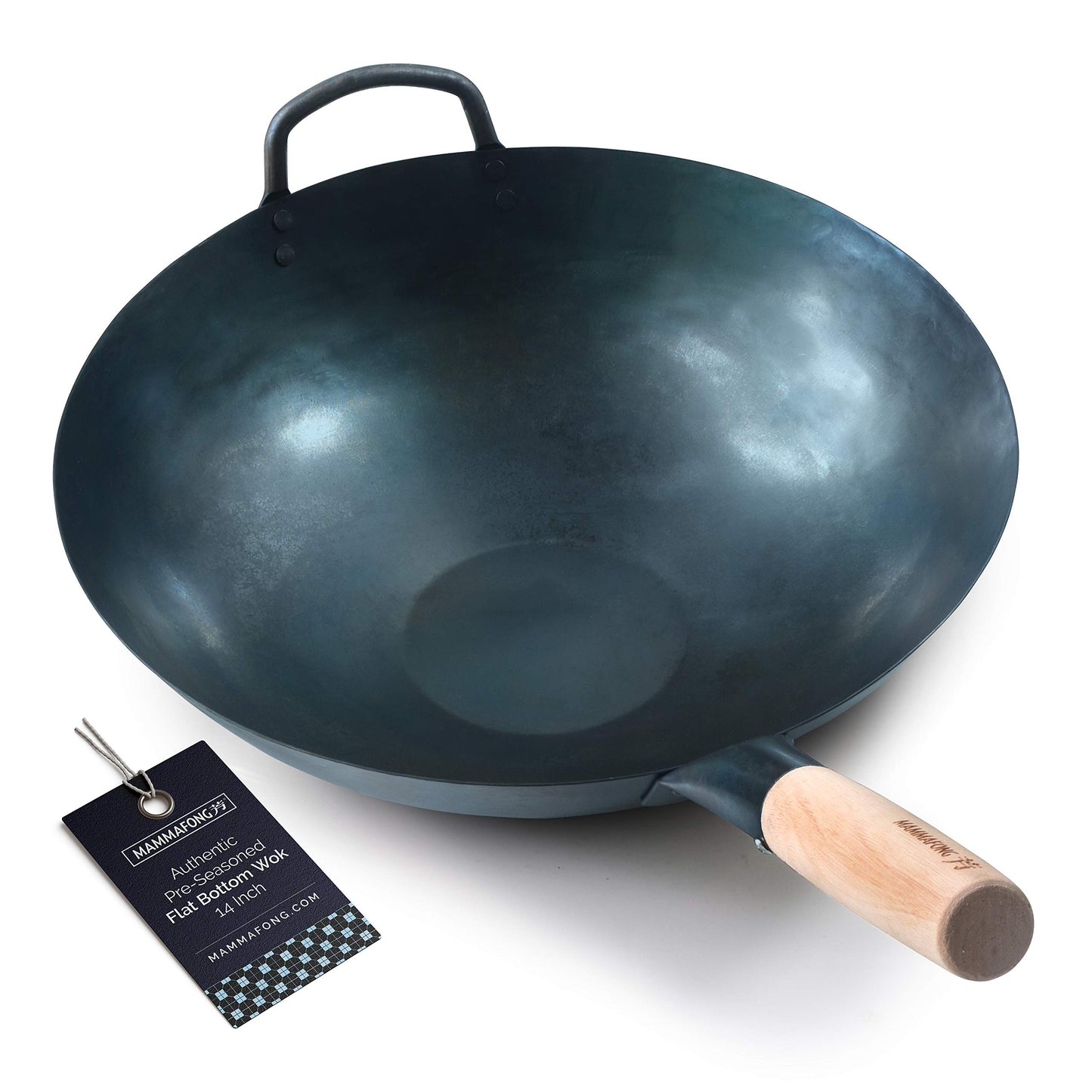 Mammafong Pre-Seasoned Woks Wok 14 Inch Blue Carbon Steel Flat Bottom NEW