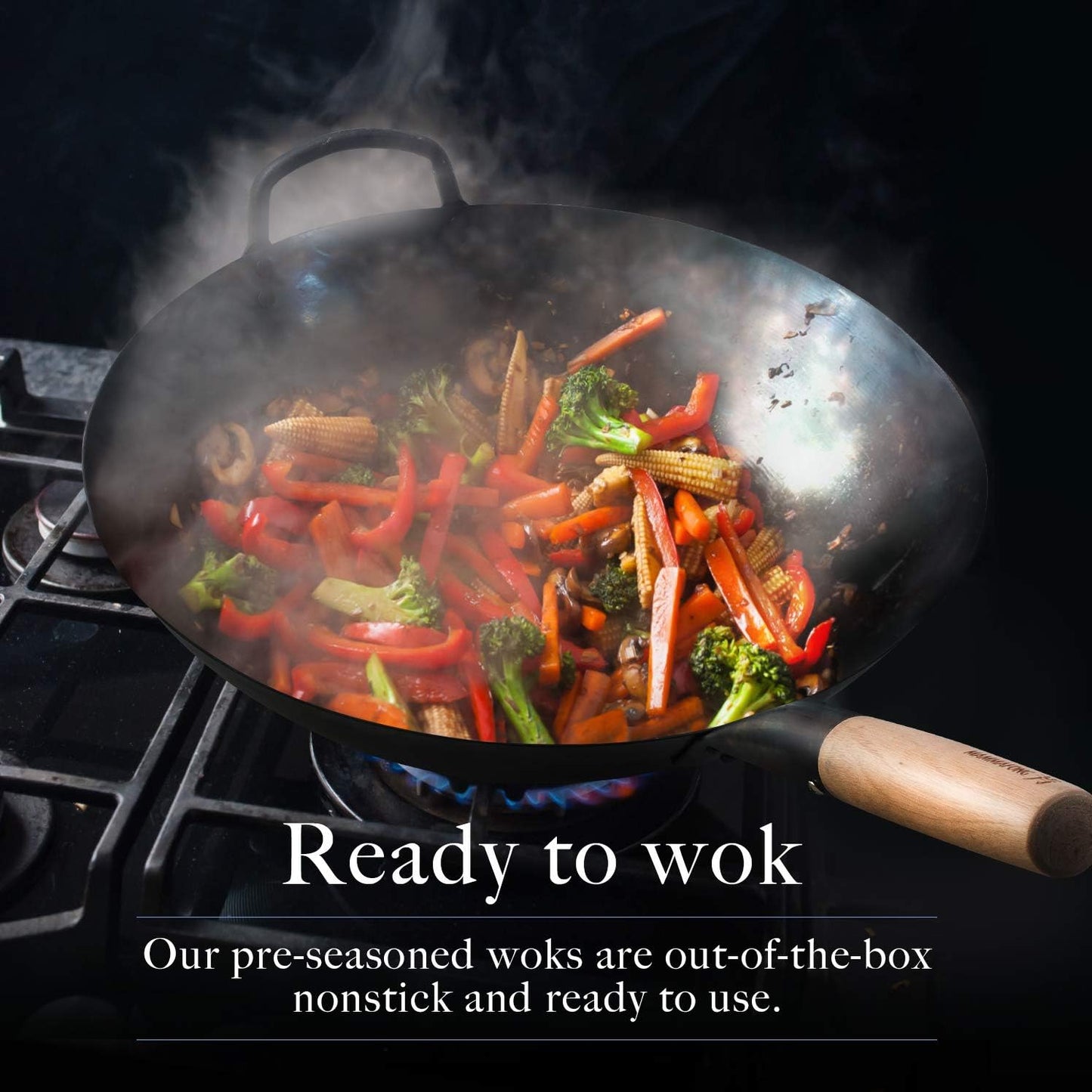 Mammafong Pre-Seasoned Woks Wok 14 Inch Blue Carbon Steel Flat Bottom NEW