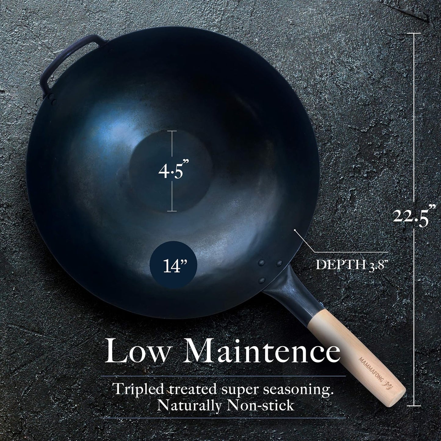 Mammafong Pre-Seasoned Woks Wok 14 Inch Blue Carbon Steel Flat Bottom NEW