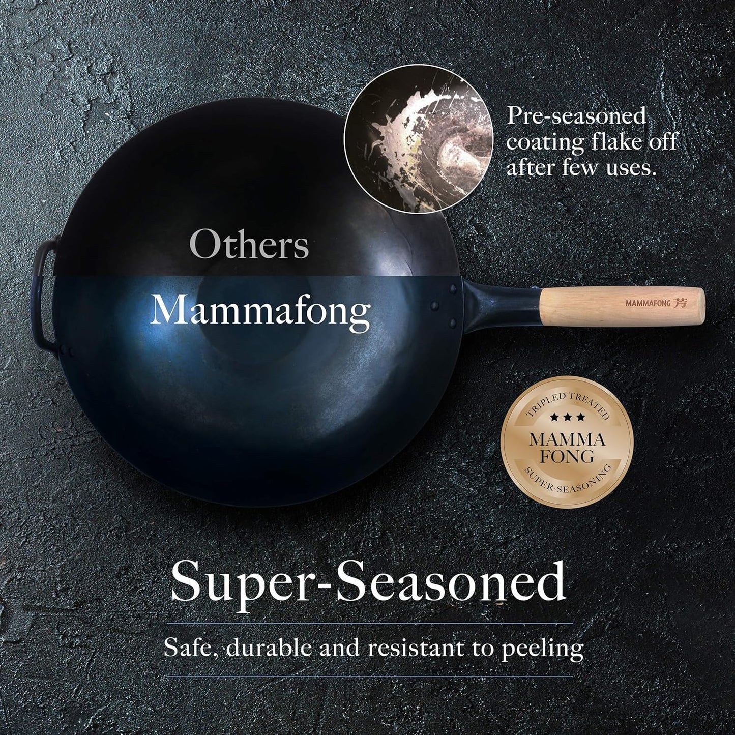 Mammafong Pre-Seasoned Woks Wok 14 Inch Blue Carbon Steel Flat Bottom NEW