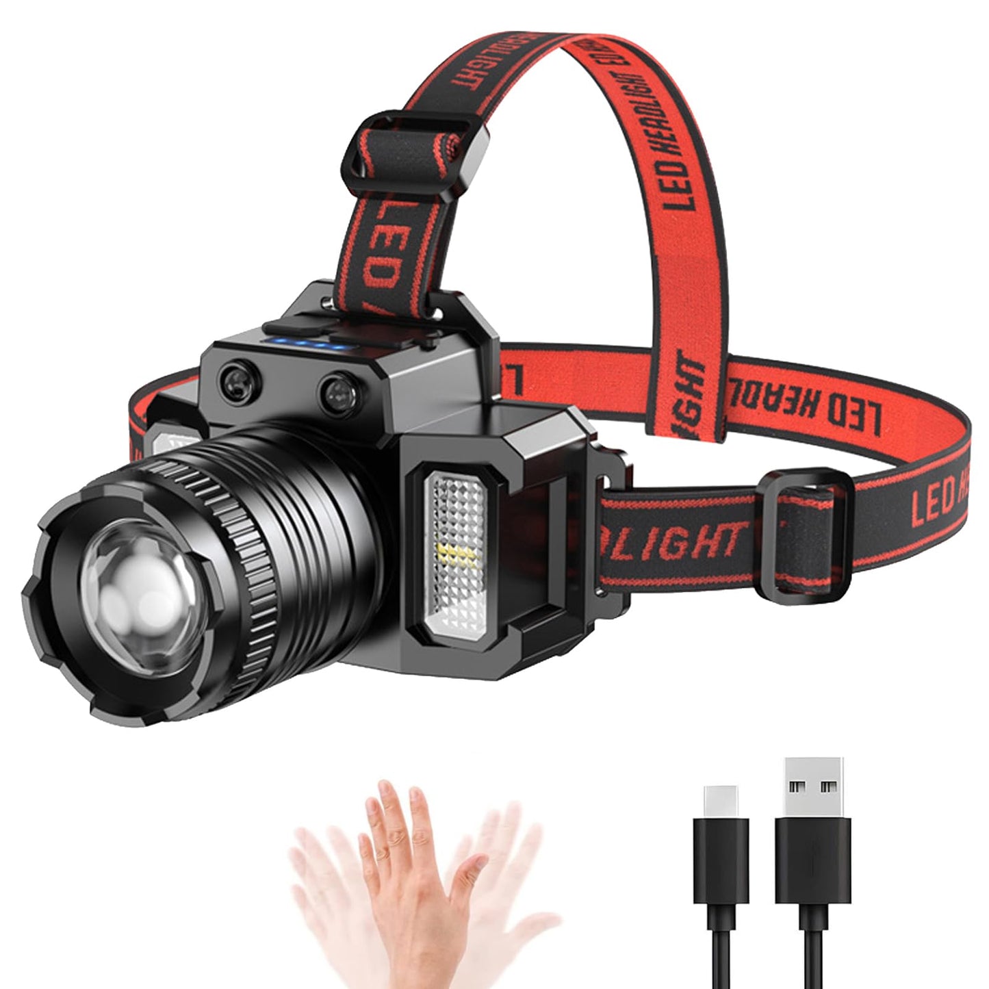 Rechargeable LED Motion Sensor Headlamp Waterproof Headlamps Black One Size NEW