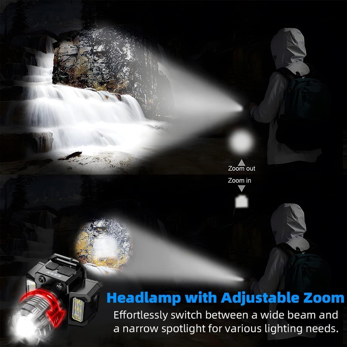 Rechargeable LED Motion Sensor Headlamp Waterproof Headlamps Black One Size NEW