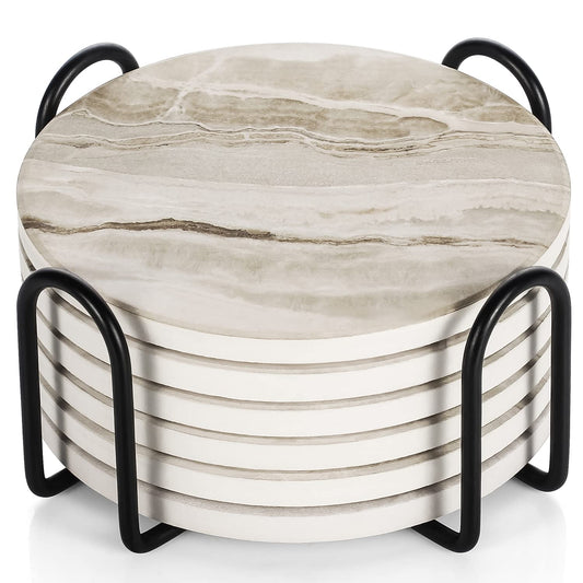 Elegant Marble-Style Ceramic Coasters with Holder, Absorbent Set of 6, NEW